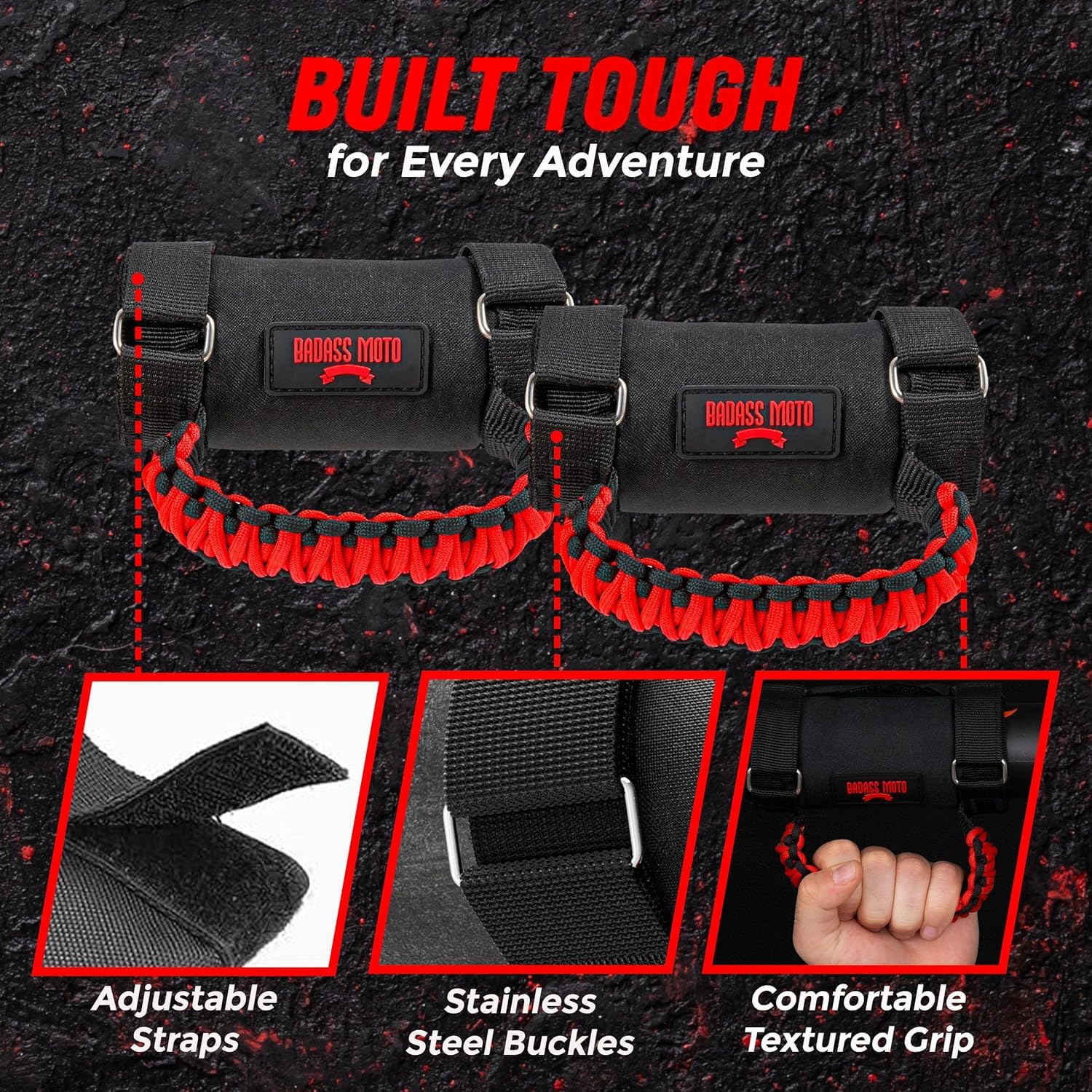 Badass Moto UTV Grab Handle - Durable Red Paracord, Stainless Steel, 2 Pack, Model ATVGH-PC
