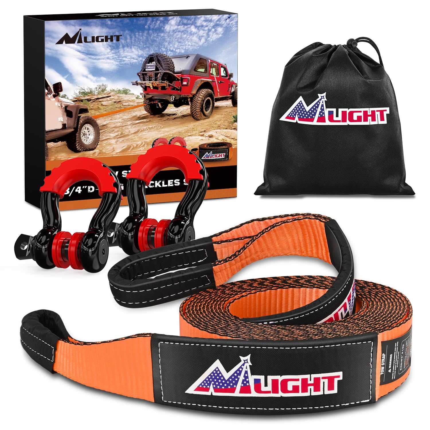 Nilight 3'' x 20' Recovery Tow Strap Kit with 2Pcs 3/4'' Anti-Theft D-Ring Shackles and Storage Bag Tow Rope for Car Truck SUV A