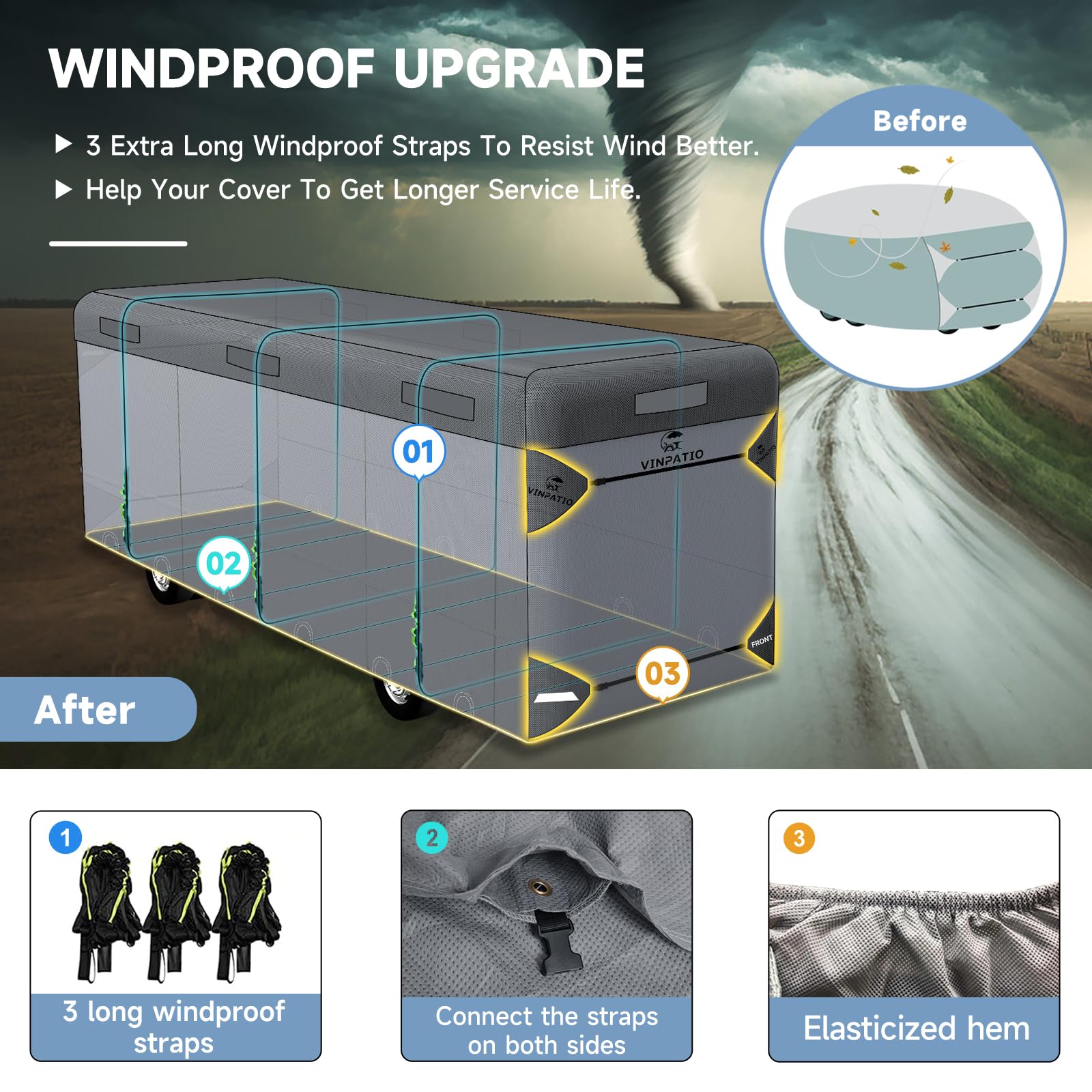 VINPATIO Class A RV Cover - 40'-43' Extra Thick 7 Layers, Heavy Duty, Windproof, Waterproof, Model VT2003-4043n