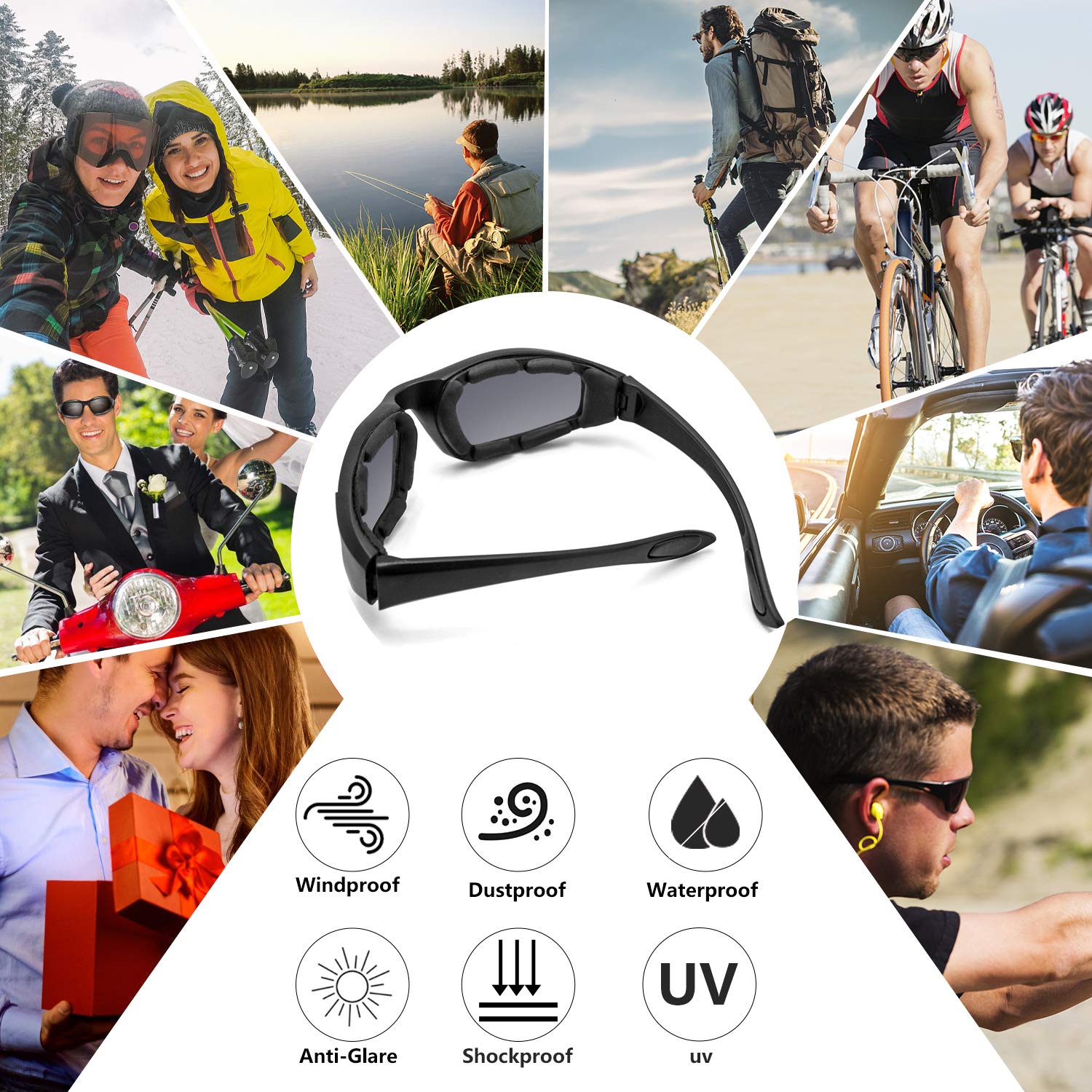 3 Pair Motorcycle Riding Glasses Padding Goggles Uv Protection Dustproof Windproofmotorcycle Sunglasses With Smoke/Dark Lens For Outdoor Sports Actives