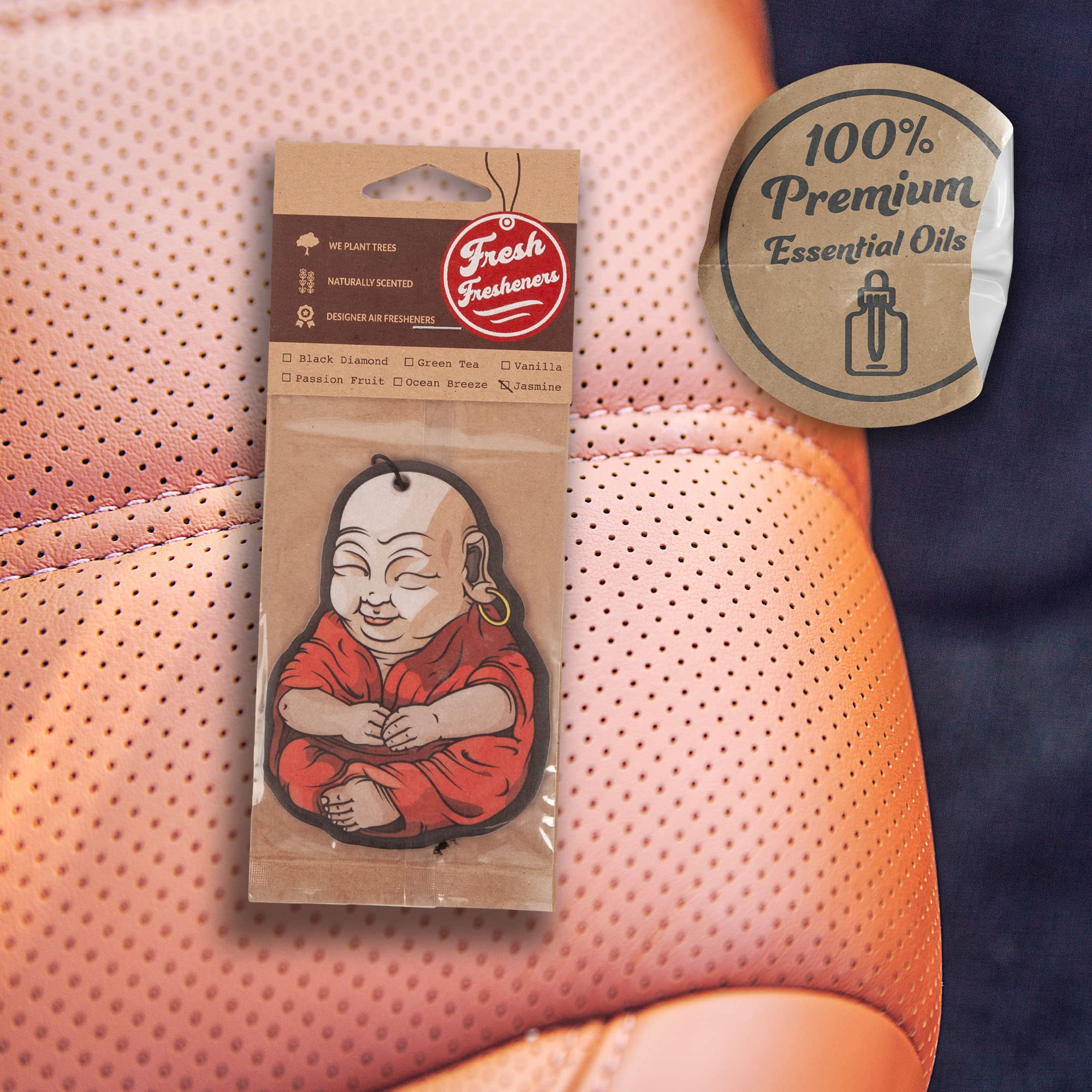 Buddha Car Air Freshener 3 Pack Scented With Essential Oils By Fresh Fresheners (3 Pack, 3 Scents)
