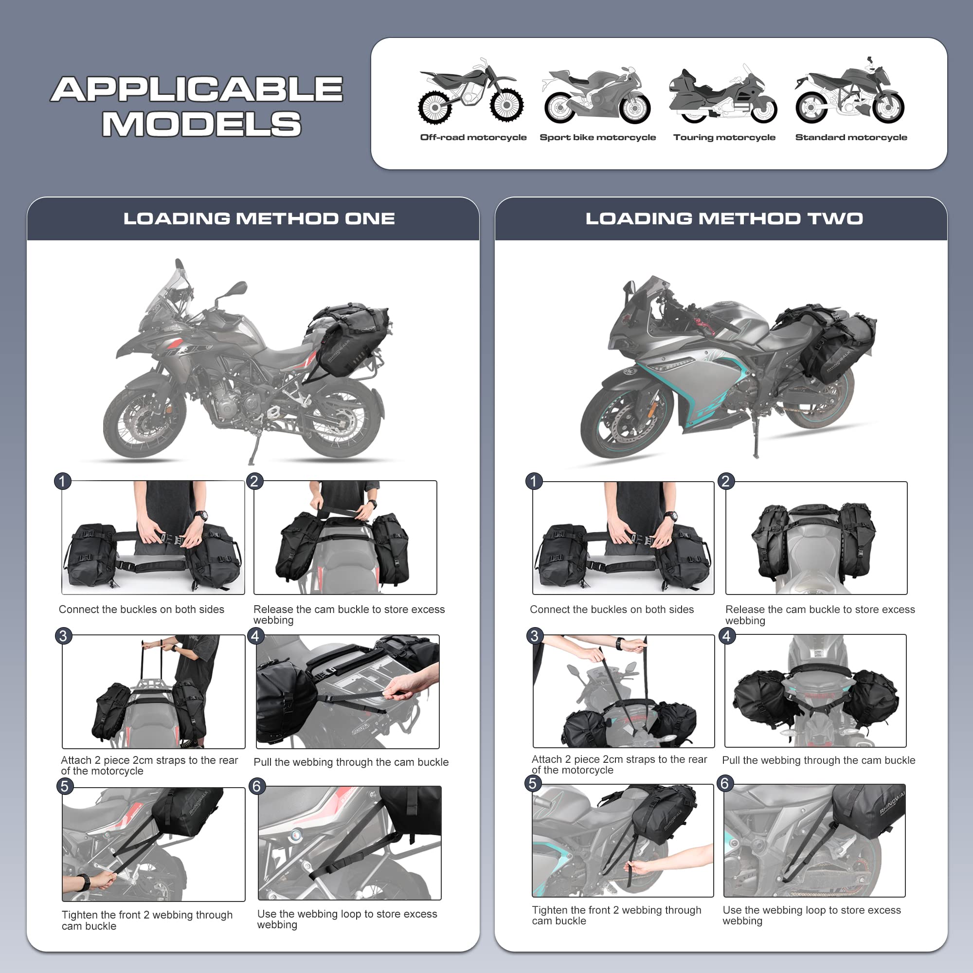 Rhinowalk Motorcycle Saddle Bags, Waterproof 28L PVC, Black, Model MT1428, Suitable for Adventure & Sport Motorcycles
