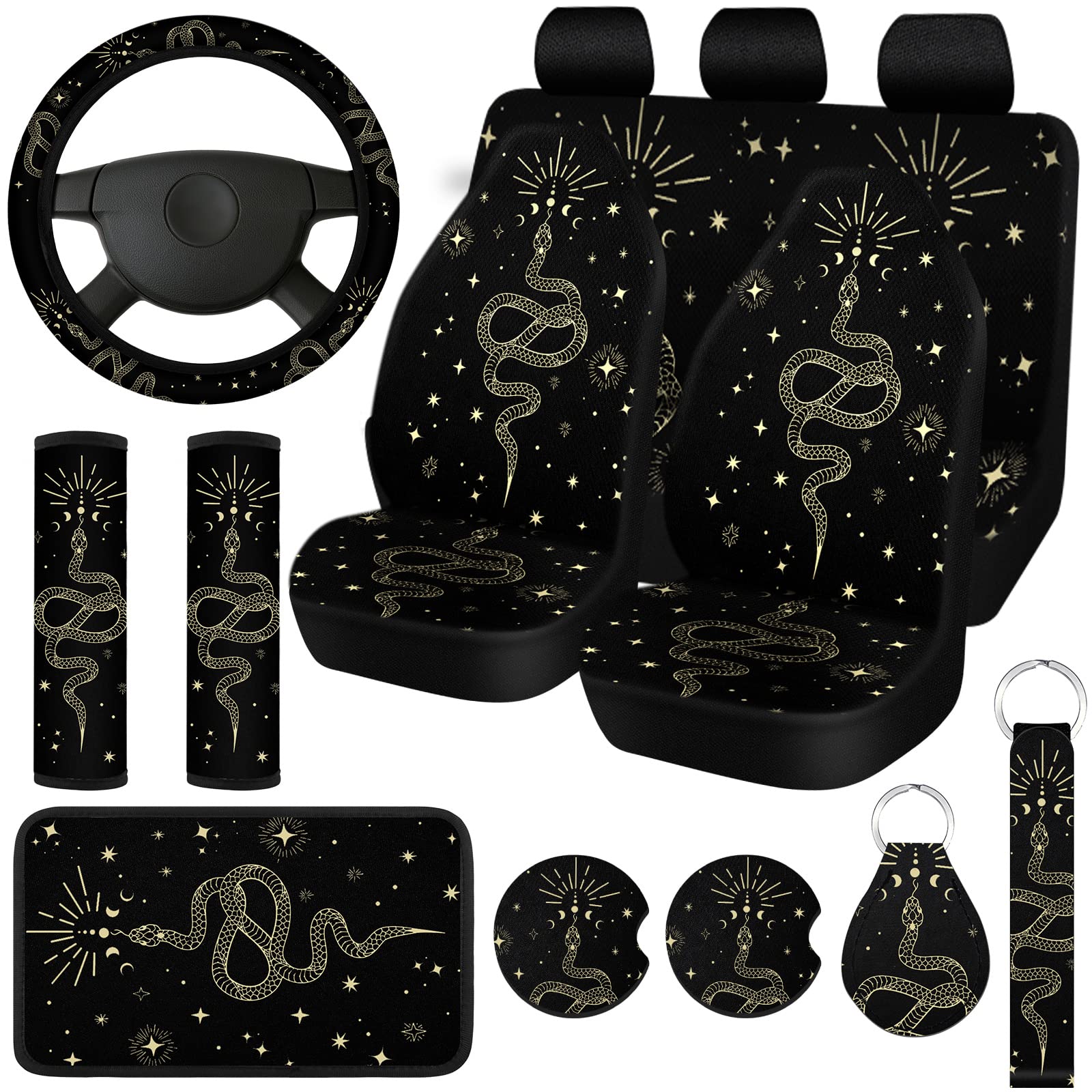 Riakrum 15 Pcs Boho Celestial Snake Seat Covers Full Set Thick Car Front and Back Steering Wheel Cover Seatbelt Strap Armrest Pa