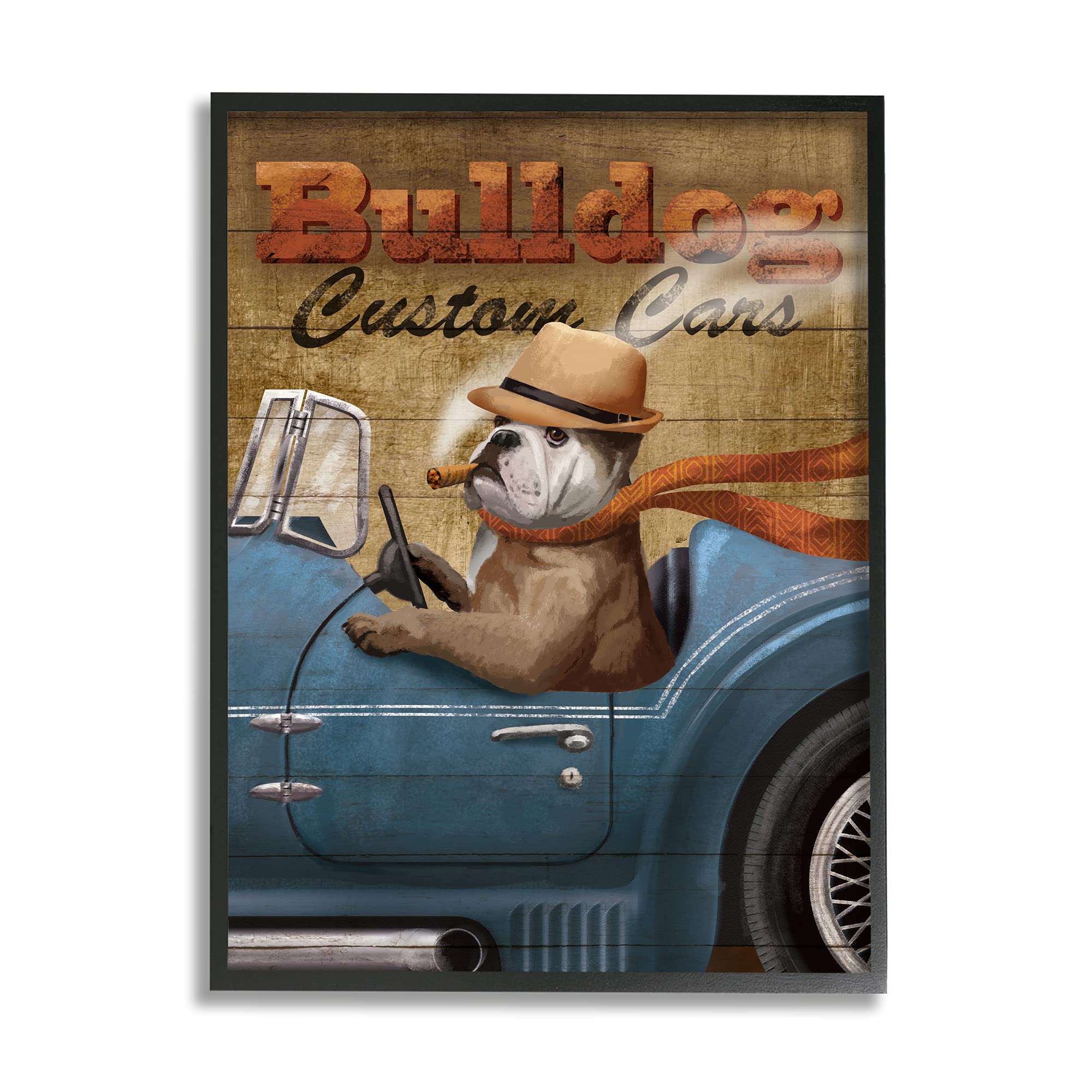 Stupell Industries Bulldog Custom Cars Sign Vintage Automobile Cigar Dog, Designed by Conrad Knutsen Black Framed Wall Art, 24 x