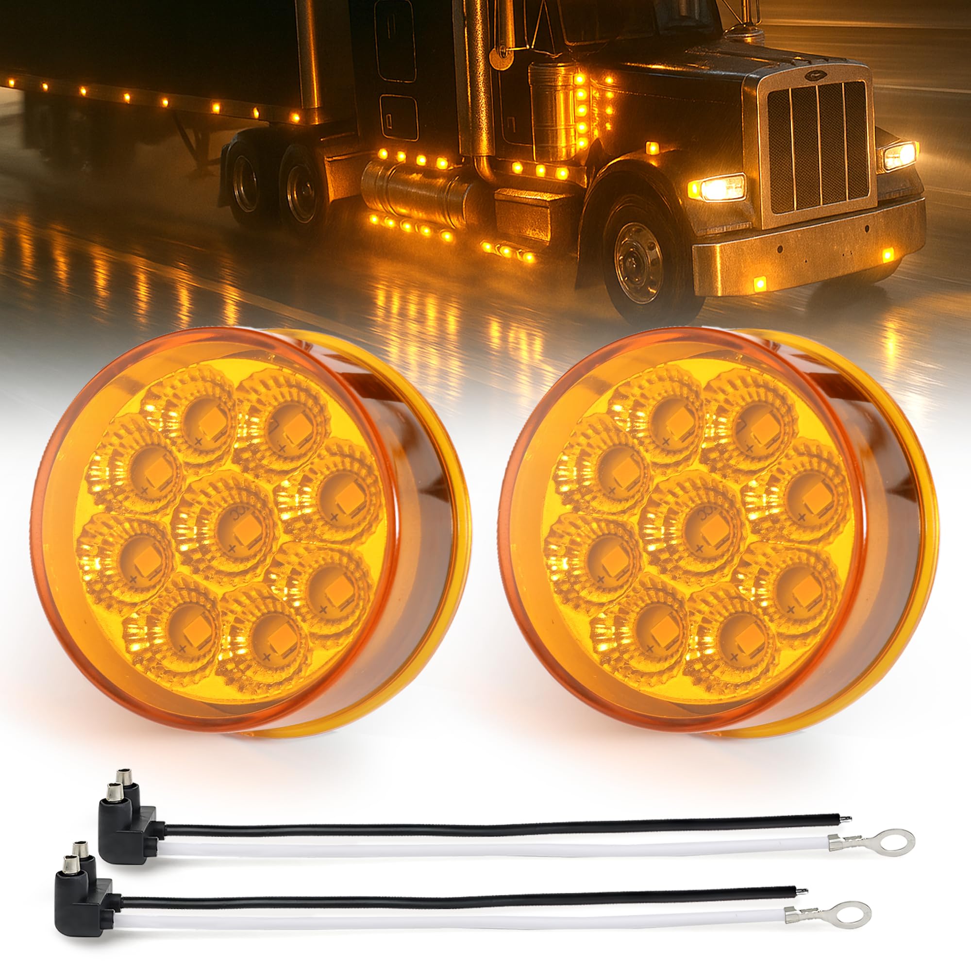 MADCATZ 2Pcs 2 Inch Round Amber LED Side Marker Lights 9LEDs Reflectors with 2 Prong Pigtail Sealed Waterproof 12V for Truck Tra