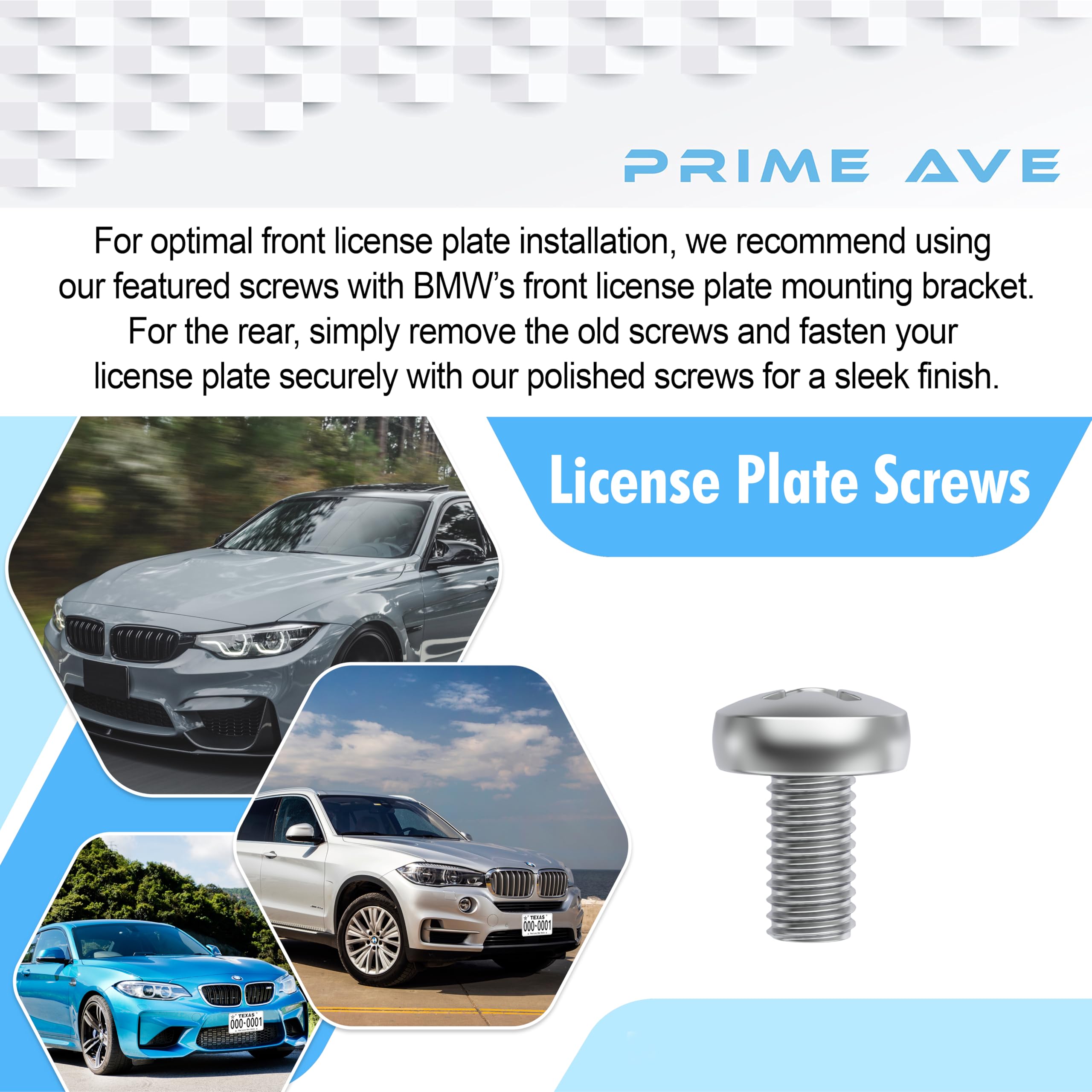 Prime Ave Stainless Steel License Plate Screws - Extended Length, Pack of 8 for All BMW Models