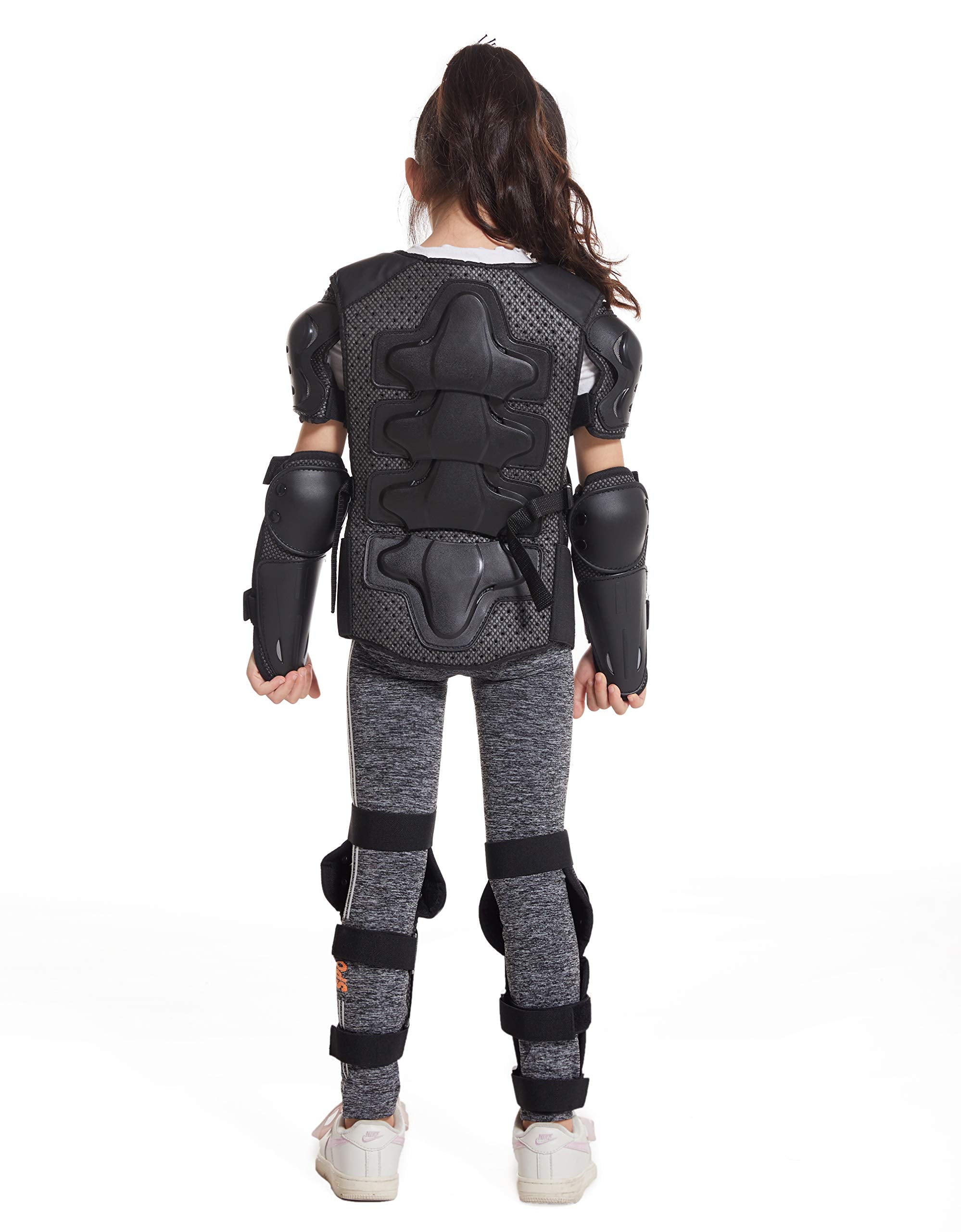 Reomoto Kids Full Body Protector Gear - Black Leather Vest with Knee & Elbow Protectors for Dirt Bike, Motorcycle, Skiing, Cycling