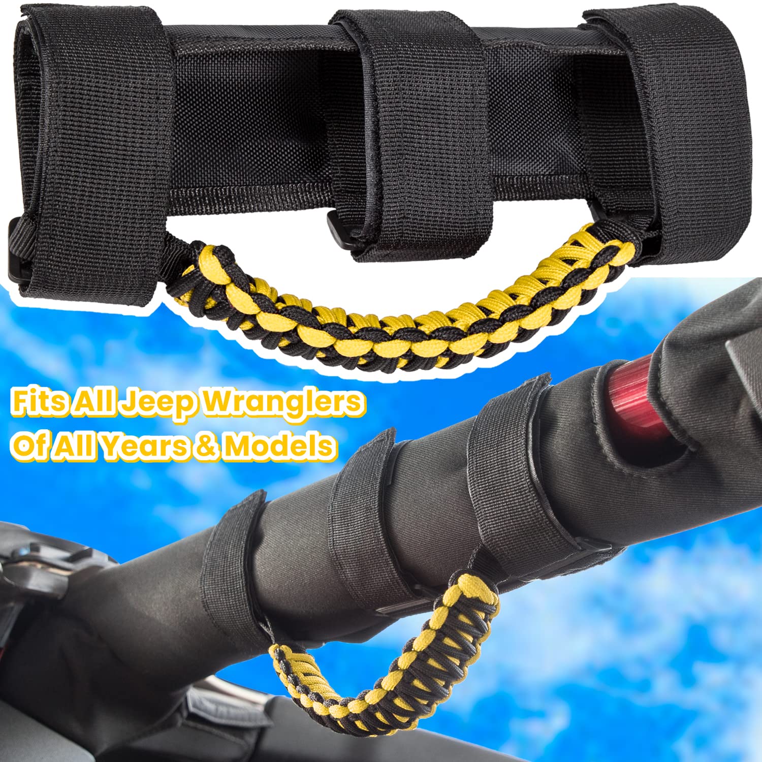 E-Cowlboy Roll Bar Grab Handles Grip Handle For Jeep Wrangler Yj Tj Jk Jku Jl Jlu Sports Sahara Freedom Rubicon Unlimited X Gladiator Jt 1955-2023 Utv Atv Premium Paracord (Yellow 2 Pack)