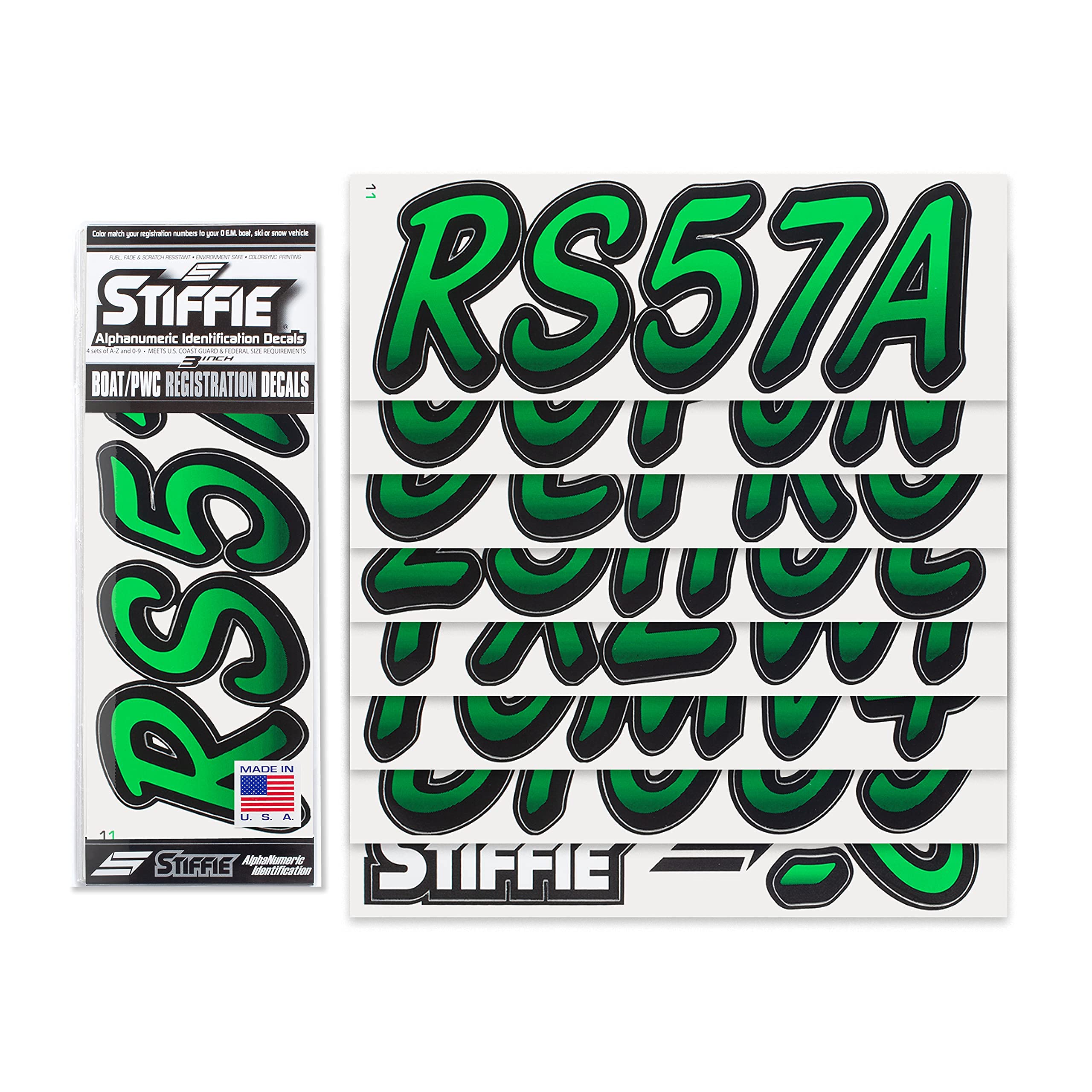 Stiffie 3" Alpha-Numeric Boat Registration Stickers Decals - Green/Black Vinyl WL65