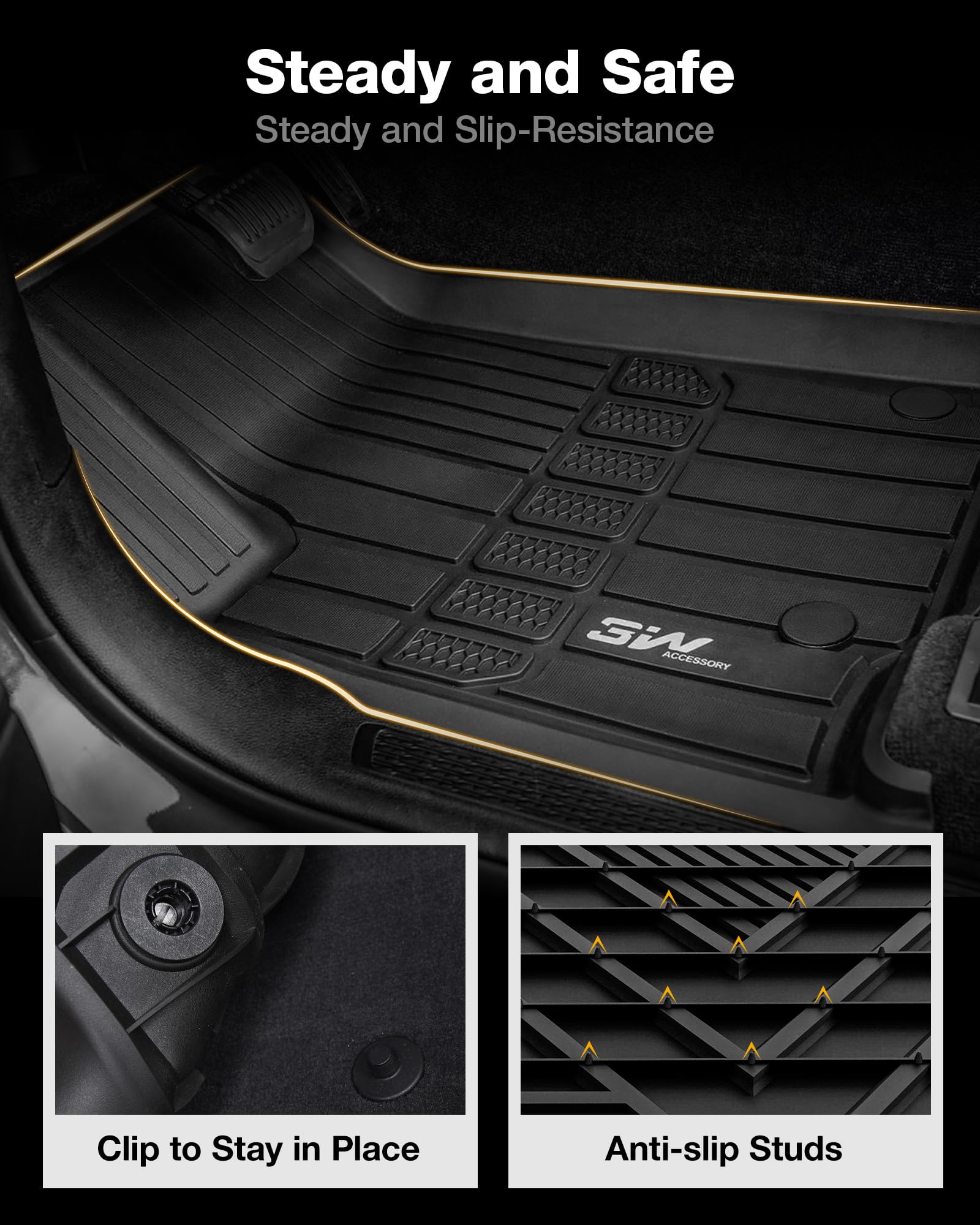 3W Jeep Cherokee 2015-2023 TPE Floor Mats Full Set, Black - 1st & 2nd Row Car Mats