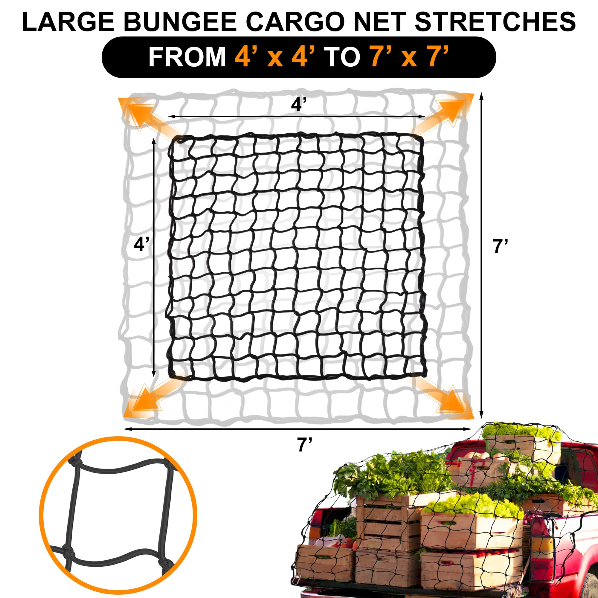Seven Sparta 4 X 4 Bungee Cargo Net Stretches To 7' X 7' For Truck Bed, Pickup Bed, Trailer, Trunk, Suv With 12 Bonus D Clip Car