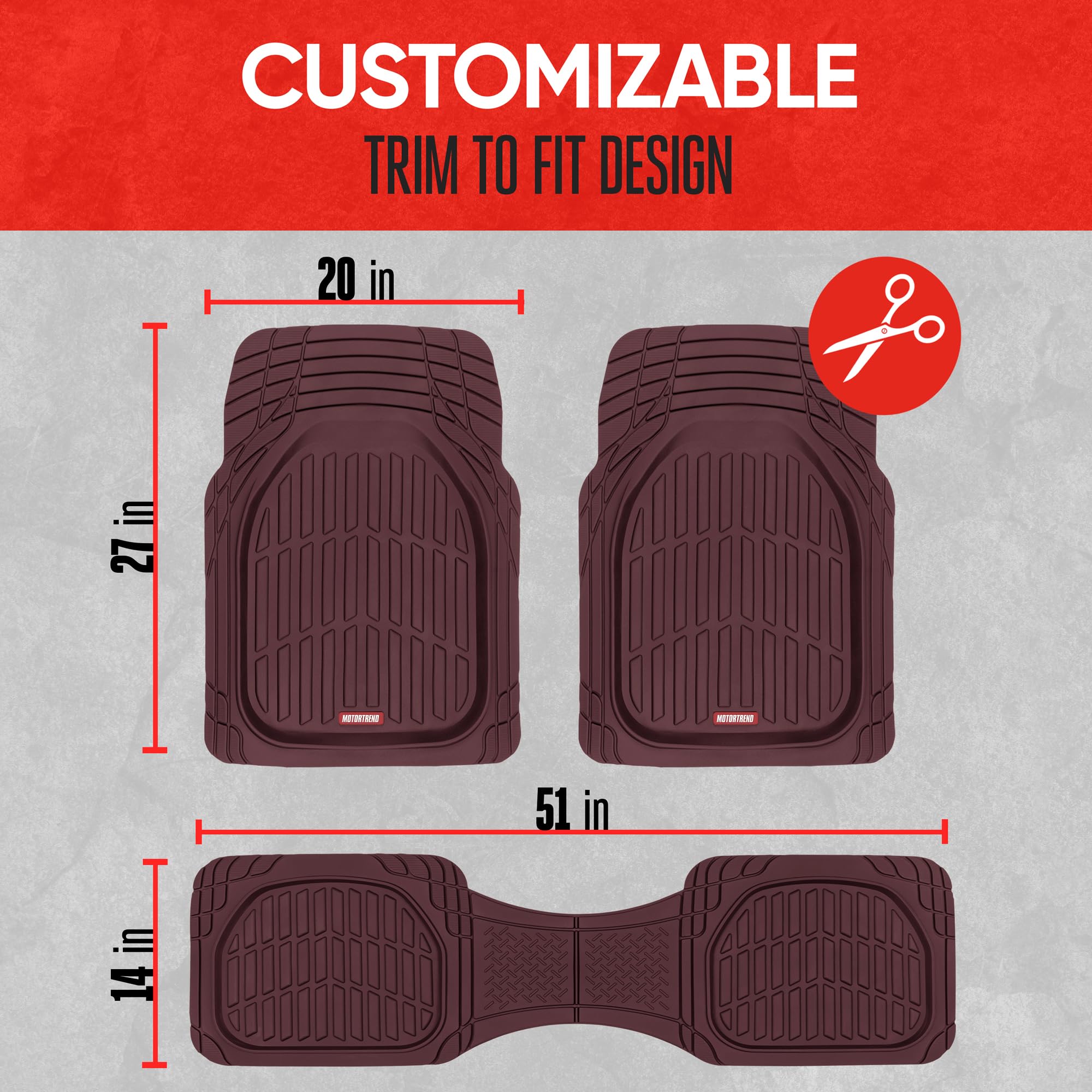 Motor Trend FlexTough Burgundy Deep Dish Floor Mats, Waterproof Rubber, Model 923-BD, Trim-To-Fit for Cars, Trucks, SUVs