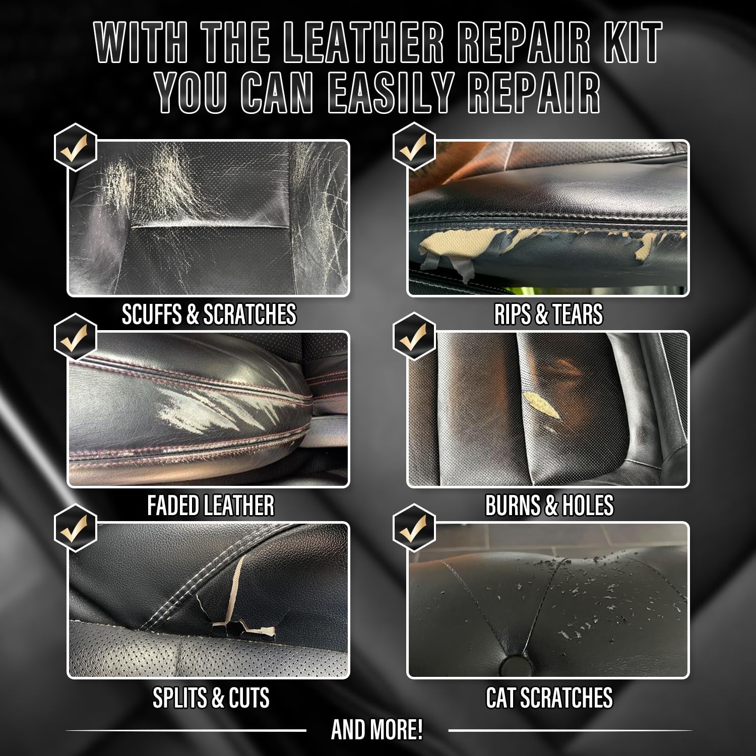 ARCSSAI Leather Repair Kit, 7 Piece Set, Black, for Sofa, Jacket, Car Seats, and Purse, Easy Color Match, Model RMB09732