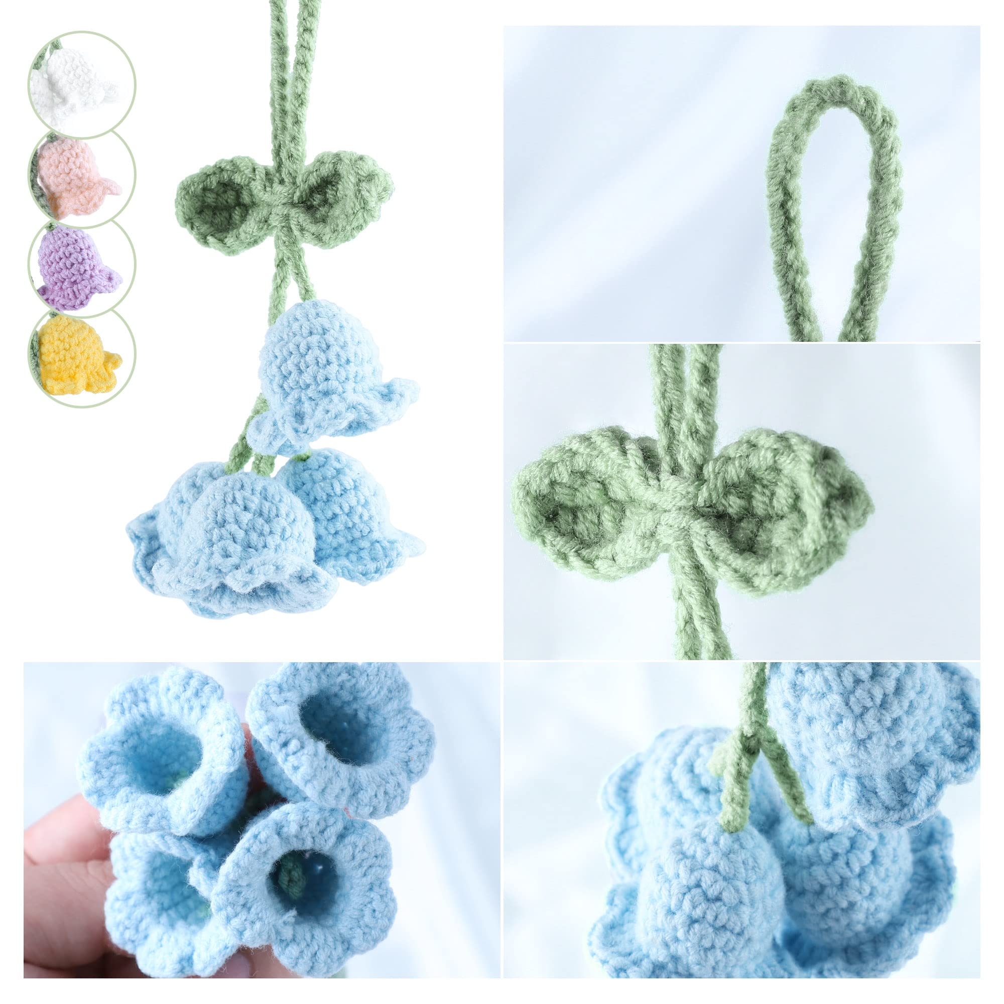 Mirror Hanging Car Accessories Cute Little Lily Of The Valley, Hand Knitted Crochet Flower Decor For Mirror, Rear View Mirrors,Key Chains (Blue)