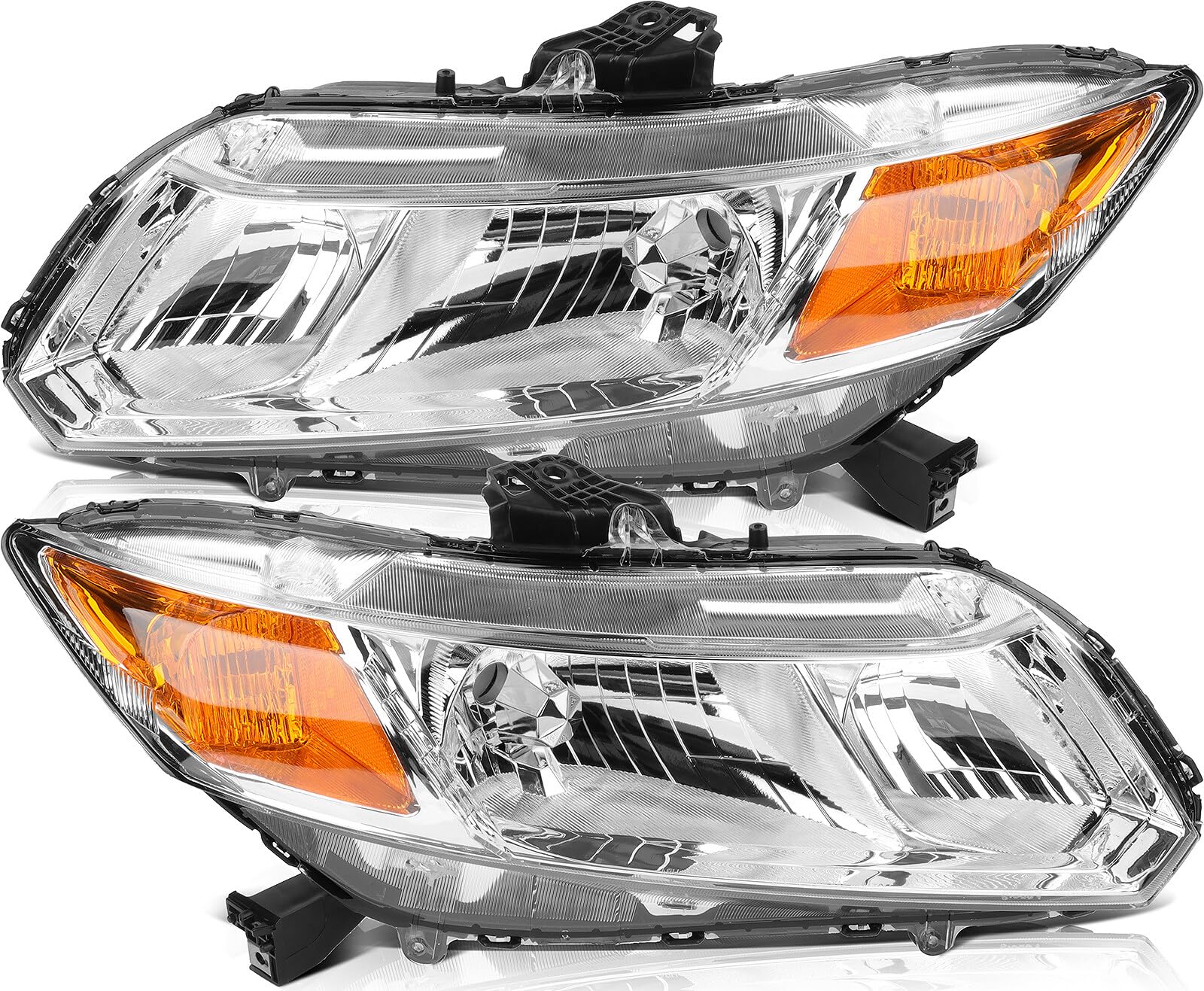 LSAILON Headlight Assembly Replacement Fit For Honda Civic 2012-2015 Chrome Housing Amber Reflector Clear Lens Driver and Passen