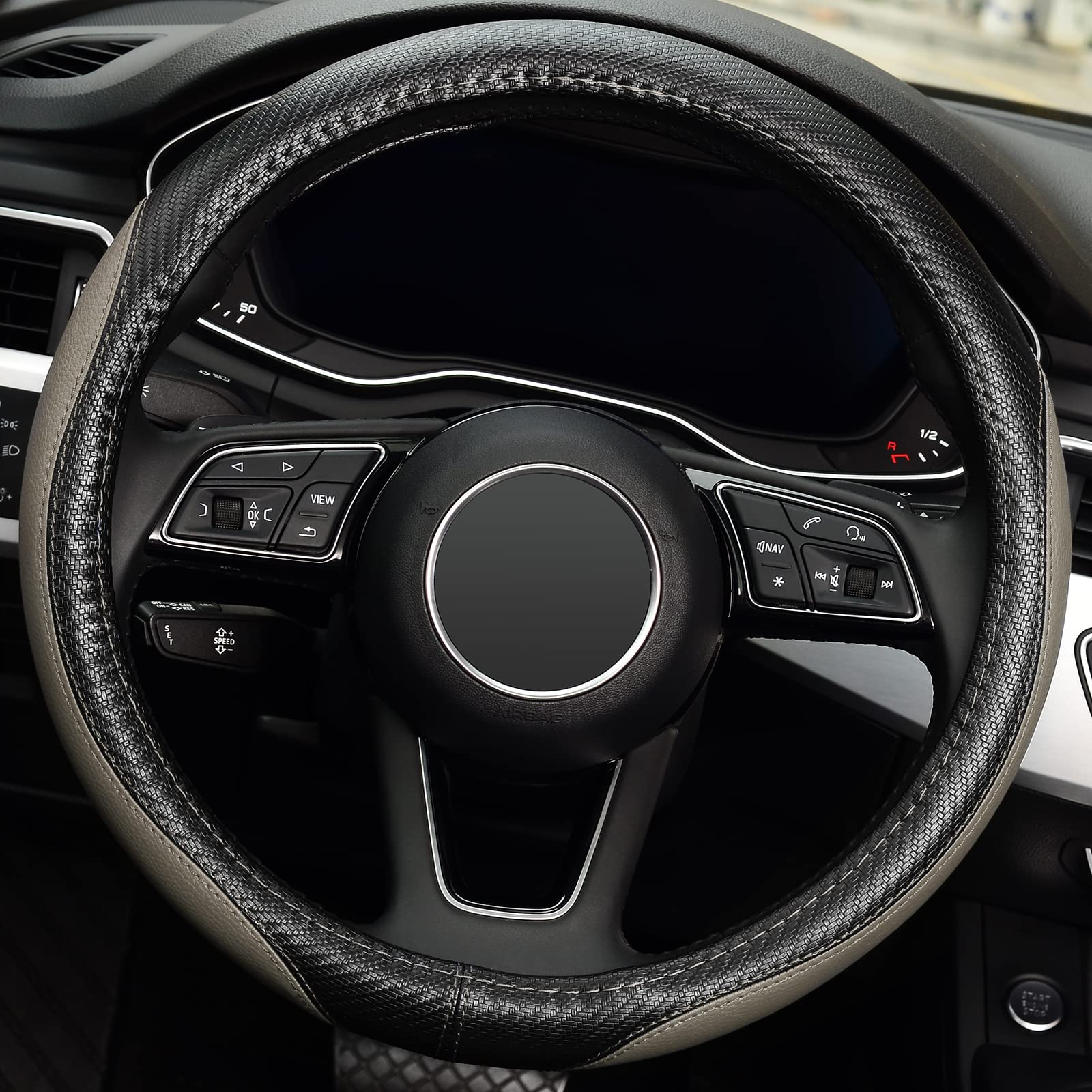 Labbyway Microfiber Leather Auto Car Steering Wheel Cover, Universal 15 Inch Anti-Slip Wheel Protector, Grey