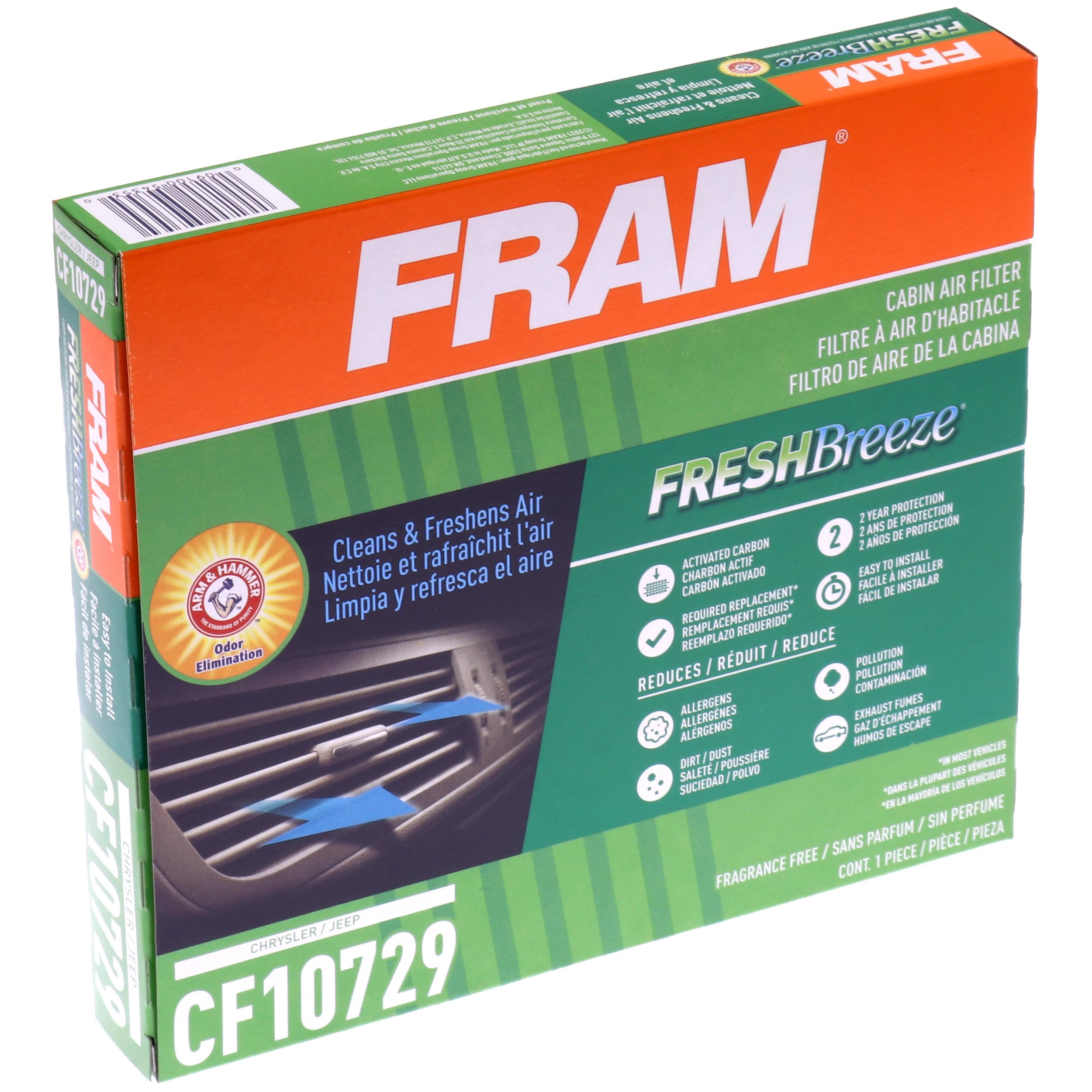 Fram Fresh Breeze Cabin Air Filter With Arm & Hammer Baking Soda, Cf10729 For Select Chrysler, Dodge And Jeep Vehicles, White