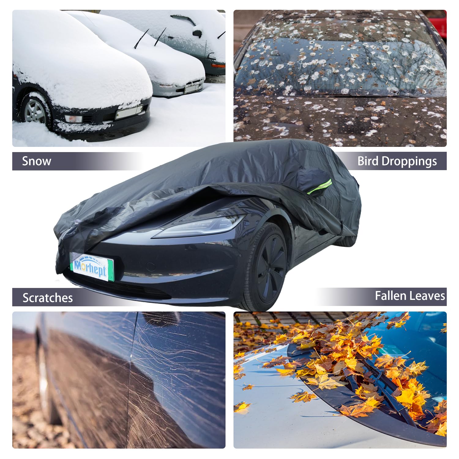 Morhept Car Cover For Tesla Model 3, Custom Fit Waterproof All Weather Full Exterior Cover Rain Snow Uv Protection With Door Zip