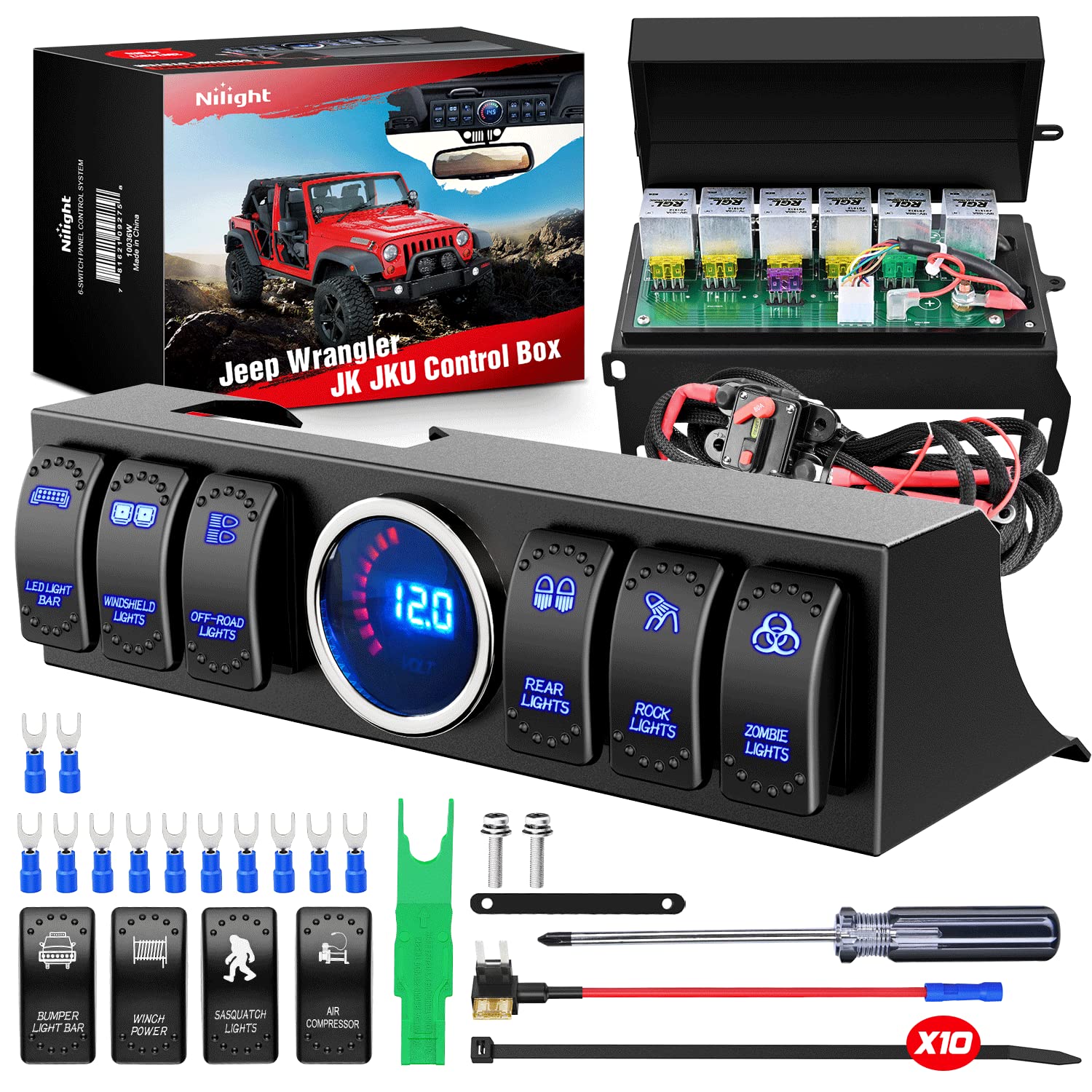 Nilight 6 Gang Rocker Switch 12V Panel Relay Box Circuit Control System With 80A Breaker Covers And Removals For Jeep Wrangler J