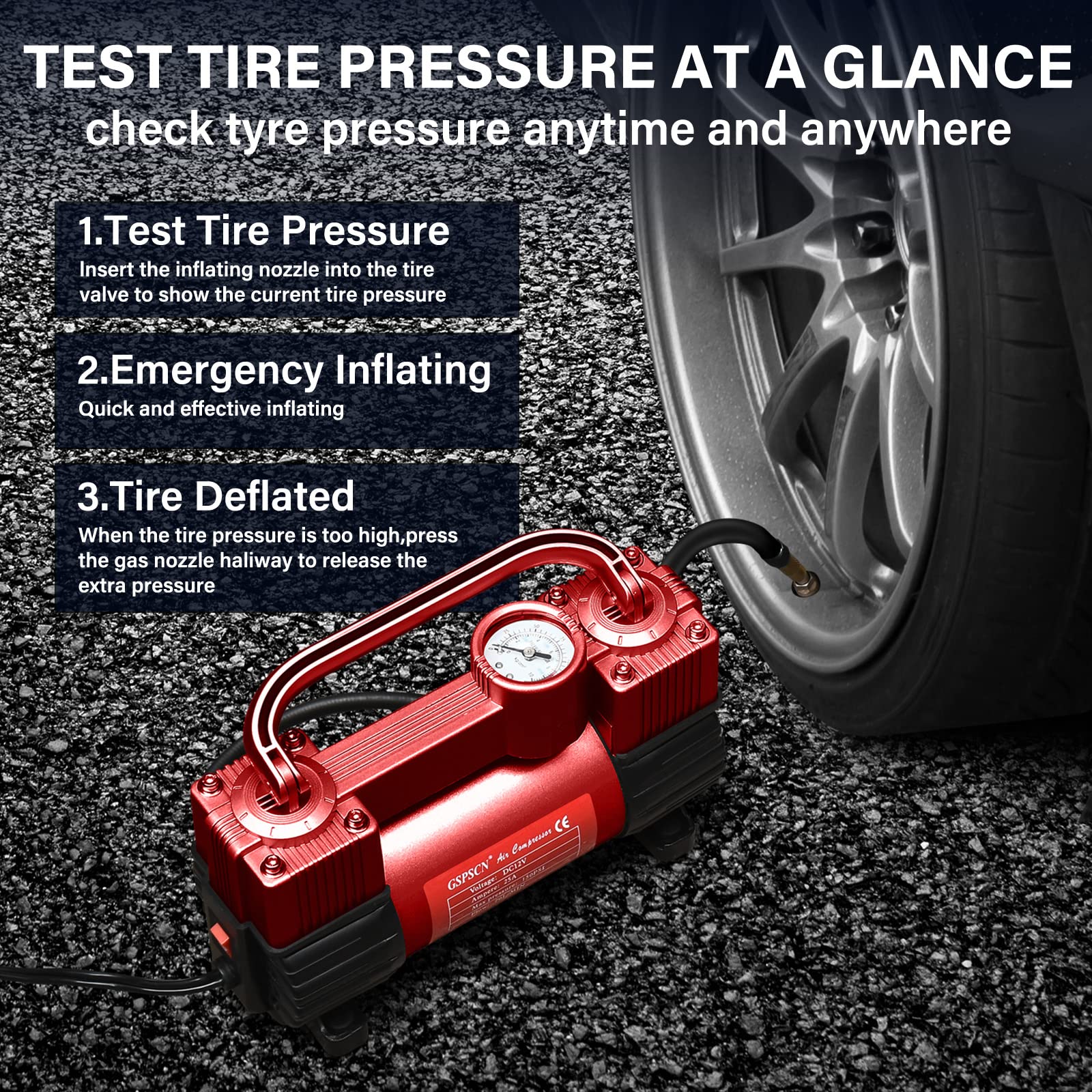 GSPSCN Red Tire Inflator - Heavy Duty Double Cylinders, 150PSI, Portable DC 12V Air Compressor, 8.7x7x3.1 inch, Alloy and