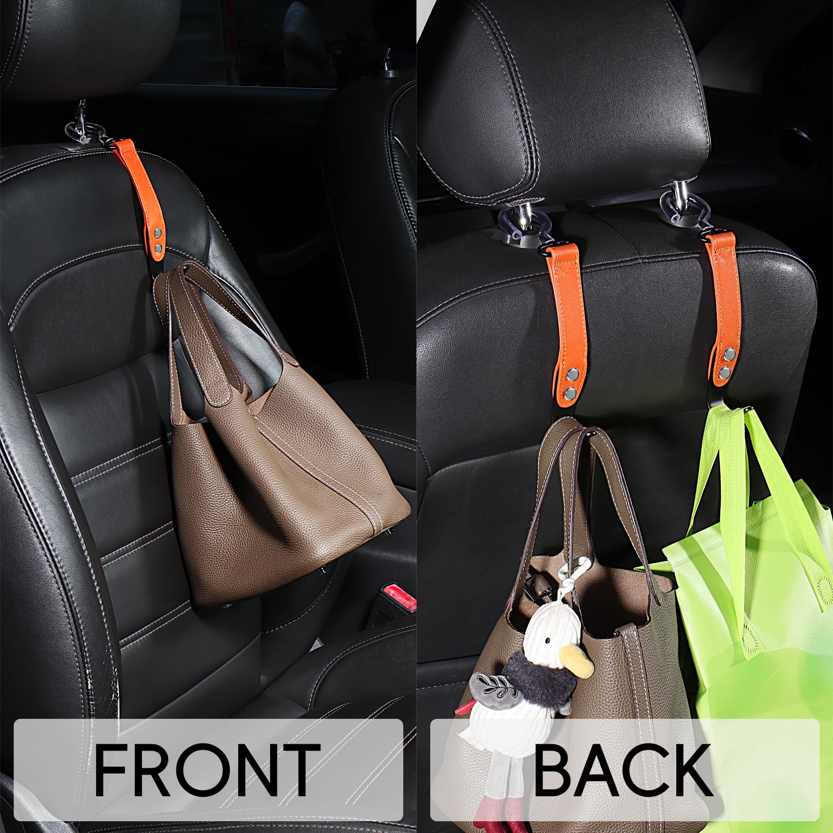 Compuda 2 Pack Car Hook Holder Leather Headrest Hooks For Purses And Bags,Sus304 Car Hook(Orange)