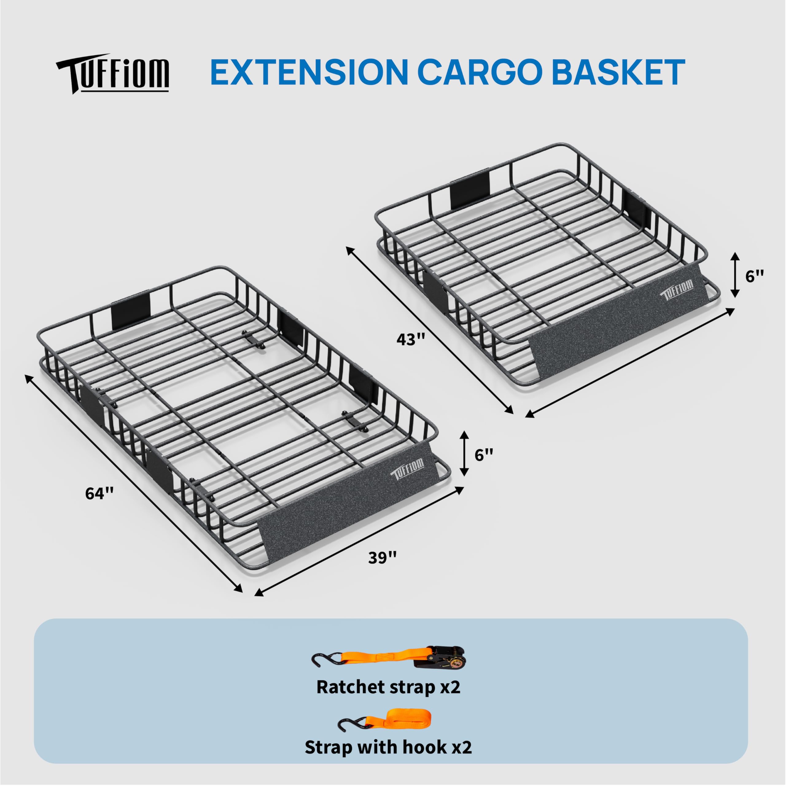 Tuffiom 64''X 39''X 6'' Universal Rooftop Cargo Carrier Basket, Extendable Steel Roof Rack Basket W/Straps With Hook, Heavy Duty