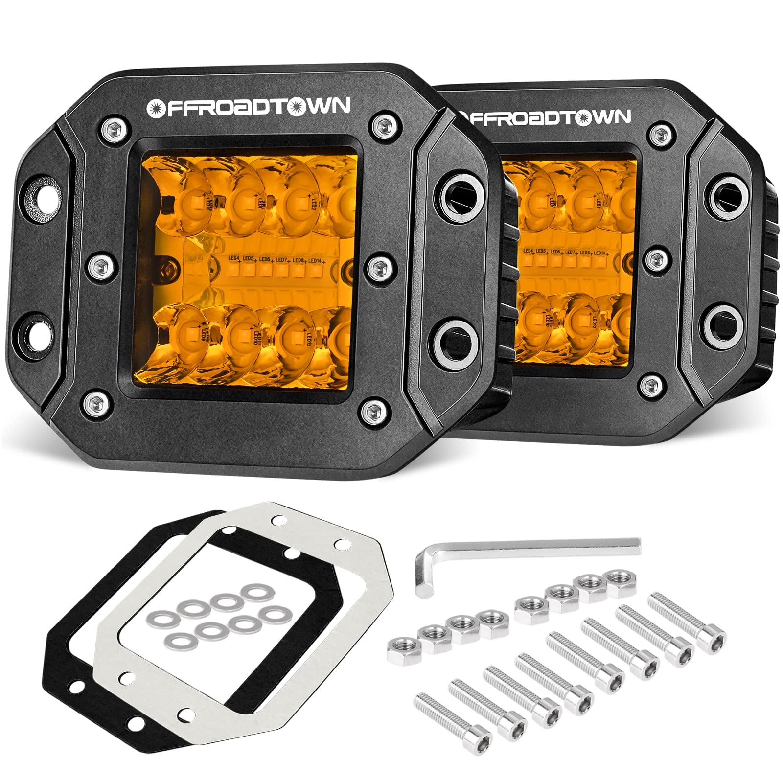 Amber Flush Mount Led Pods, Offroadtown 2Pcs 5'' 78W Led Driving Work Lights Spot Flood Combo Fog Light Yellow Lights For Truck
