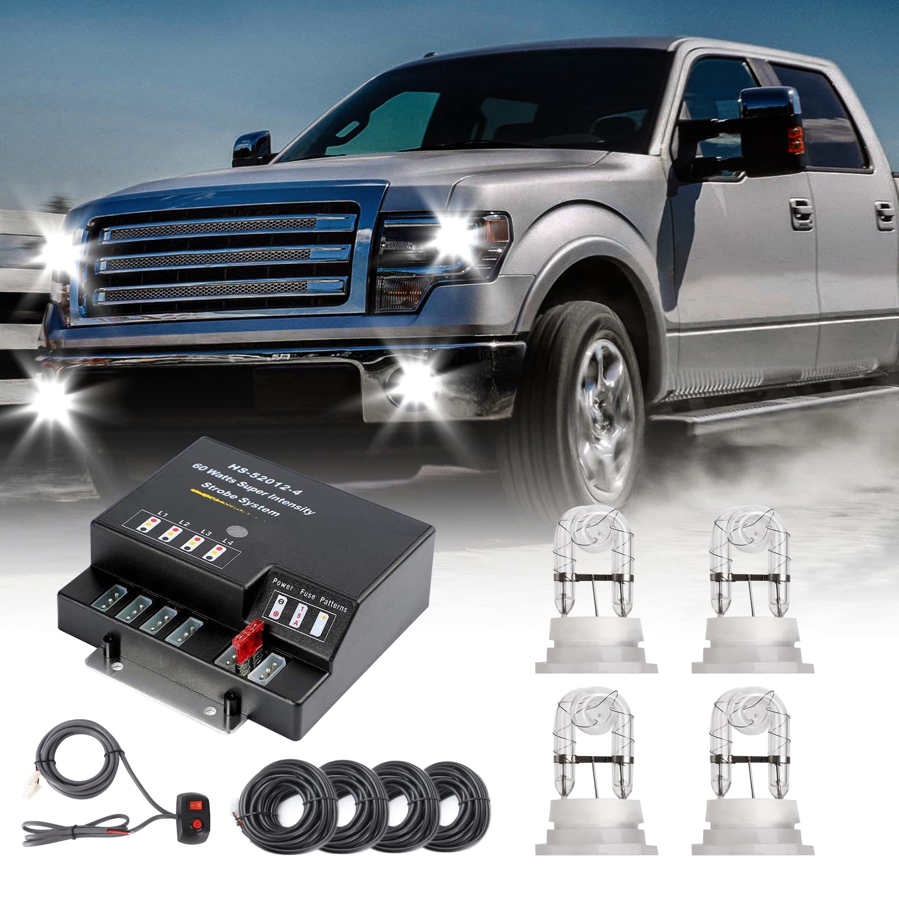 SMALLFATW Hideaway Strobe Lights Kit 4 HID Bulbs 13 Flashing Mode Memory Recall Function, 16 Feet Power Cord with Controller, Em