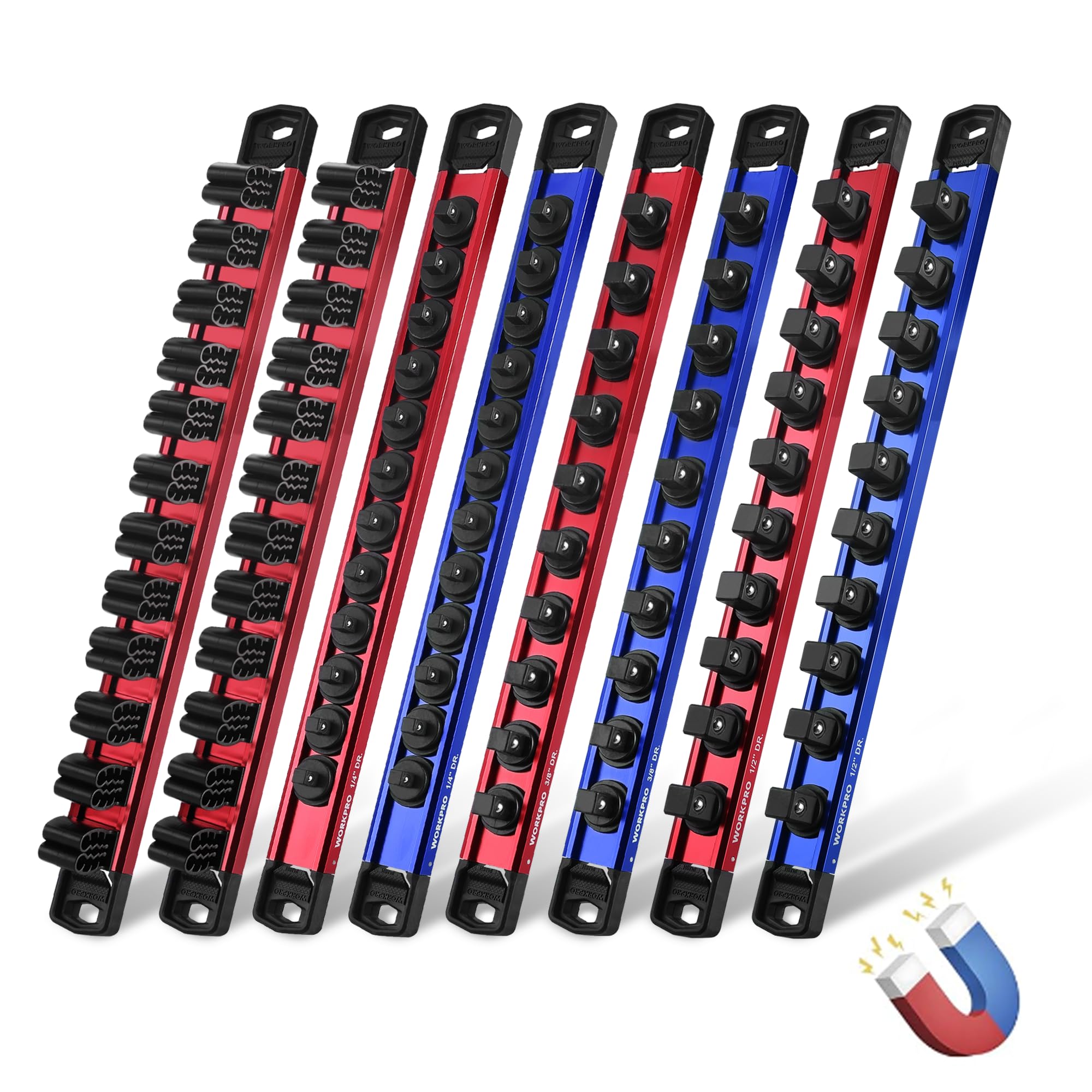 WORKPRO 8-Piece Magnetic Socket Organizer and Magnetic Screwdriver Organizer Set, 6-Piece 1/4, 3/8 & 1/2 Drive Metric & SAE Sock