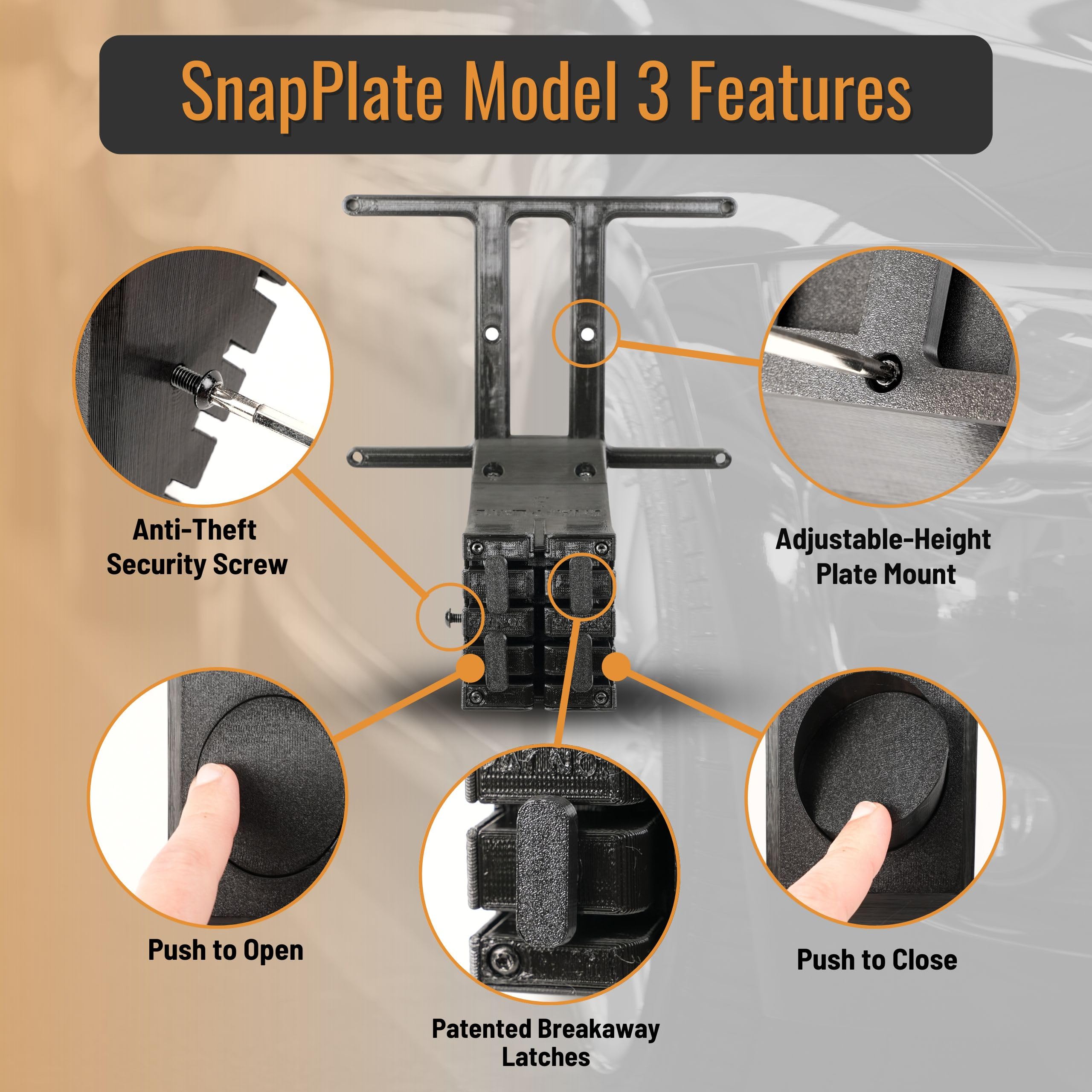 Snapplate Front License Plate Holder For Tesla Model 3 - Safety-Optimized Breakaway Design, Anti-Theft, Removable, Height-Adjust