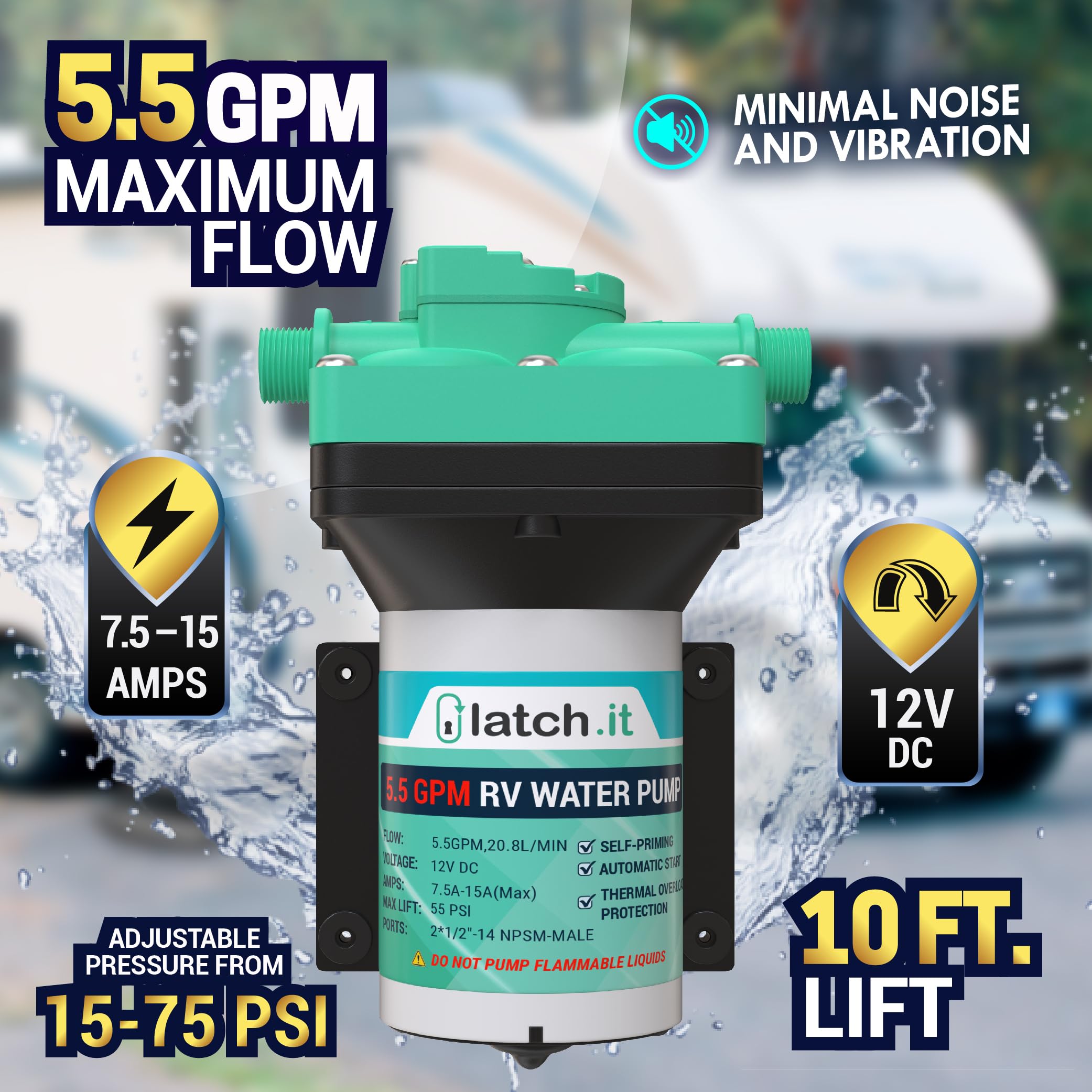 LATCH.IT 12V RV Water Pump | 5.5 GPM, 50 PSI, Self-Priming, Quiet | Stainless Steel, Green, Model LATWP02