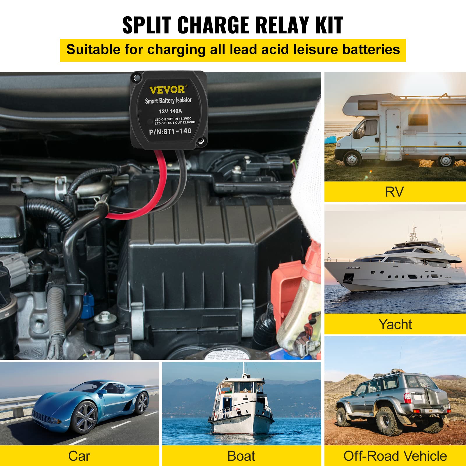 VEVOR 12V Split Charge Relay Kit - 140AMP VSR, Automatic Dual Battery Isolator for RV, Marine, Truck, Caravan, Camper, Yacht, ATV, UTV,