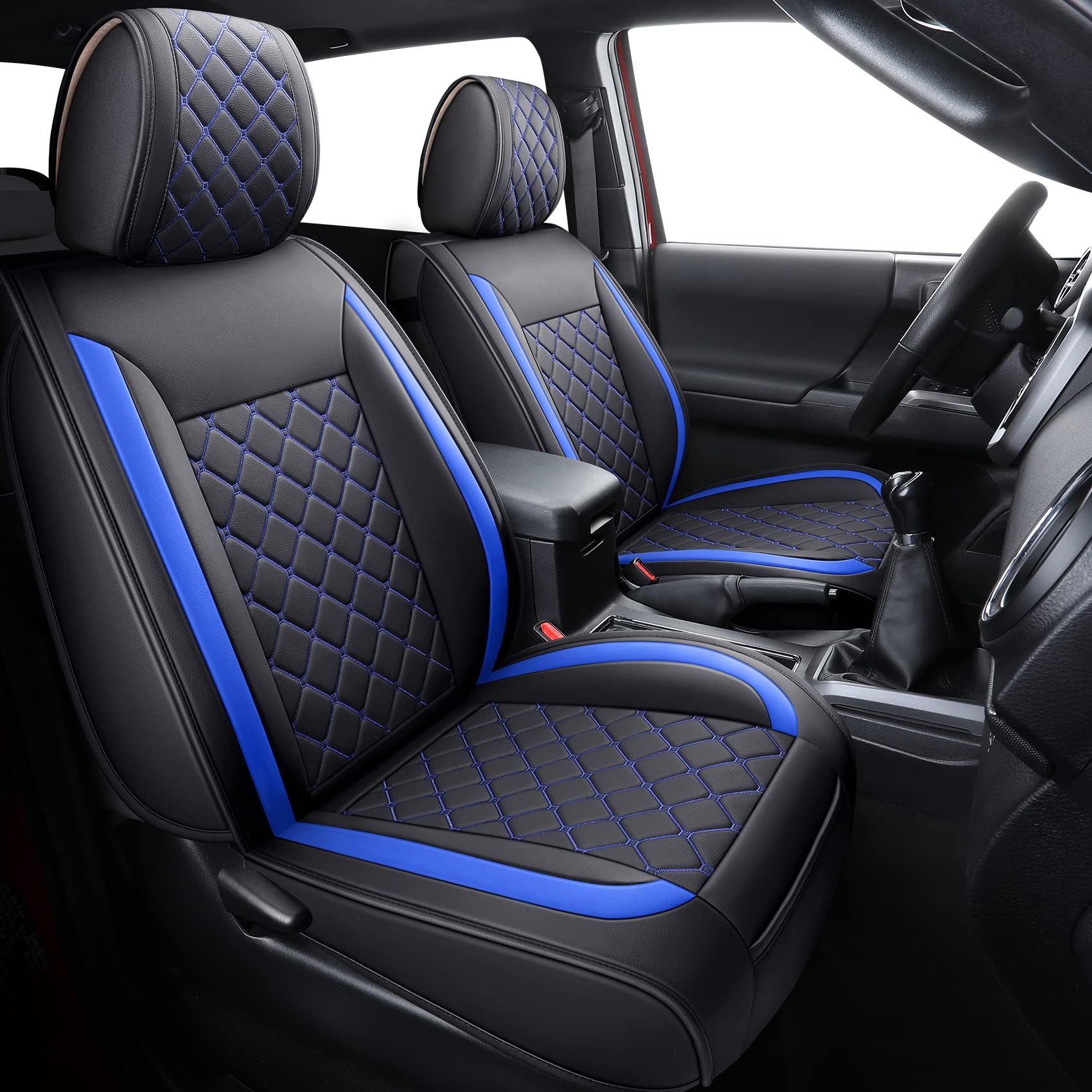 Tomatoman Tacoma Seat Covers - Customized Faux Leather, Waterproof, Front Seat, Black-Blue (2005-2023, 2 PCS)