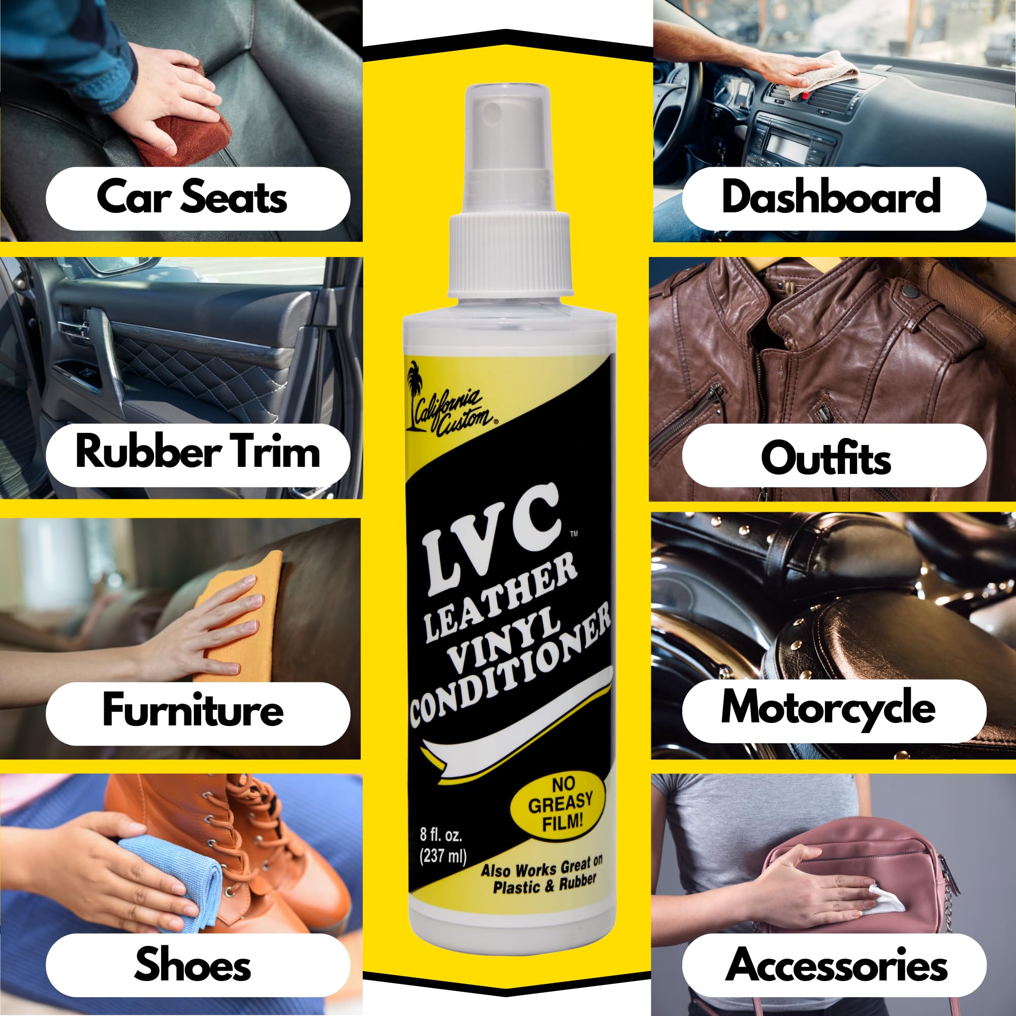 CALIFORNIA CUSTOM Leather Vinyl Conditioner LVC - 8 fl. oz. Protects Leather, Rubber, Plastic & Vinyl from Cracking & Drying. No Greasy Film.