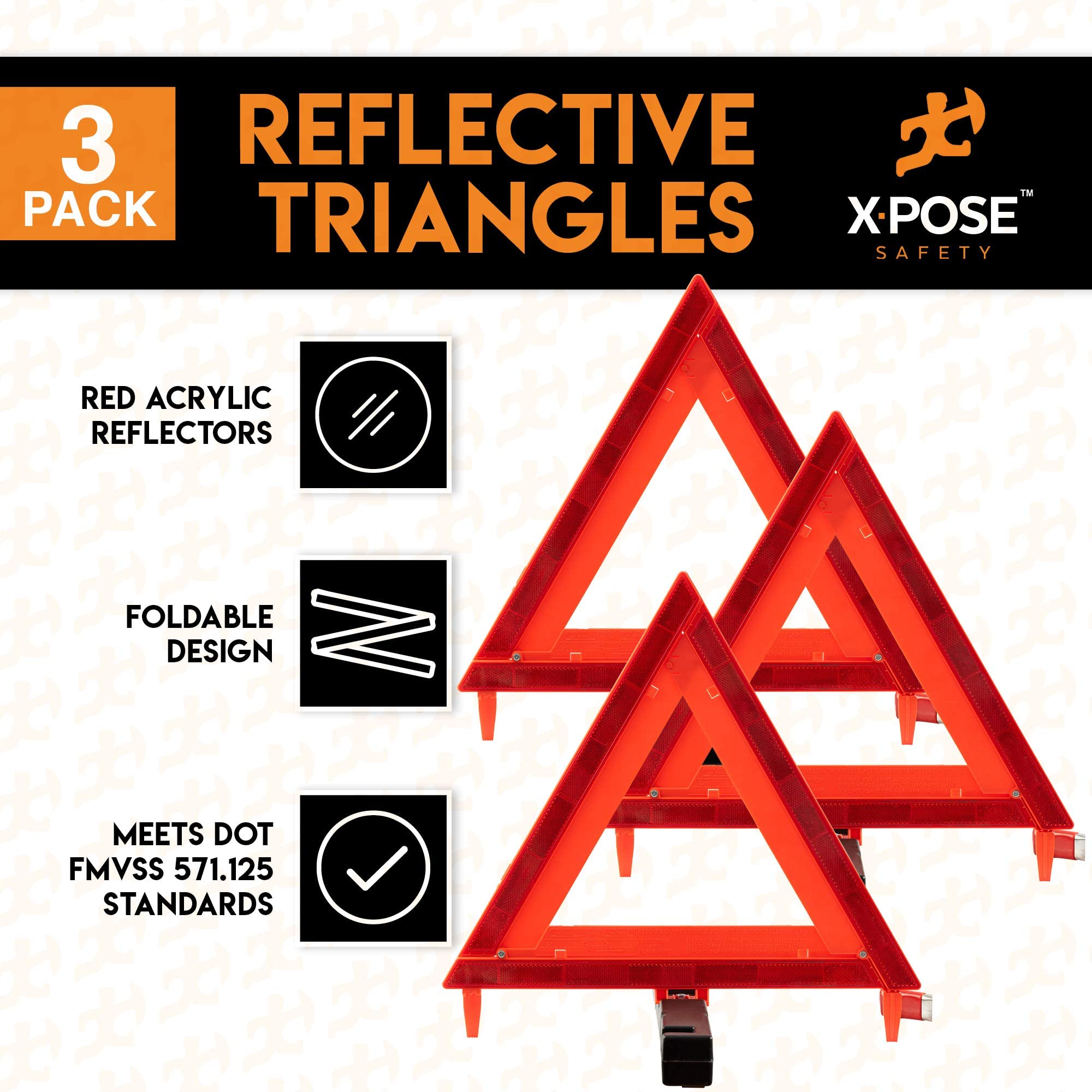 Xpose Safety Reflective Emergency Triangles 3 Pack - Roadside Car Safety and Warning Tool - DOT Approved Triangle Reflectors - R