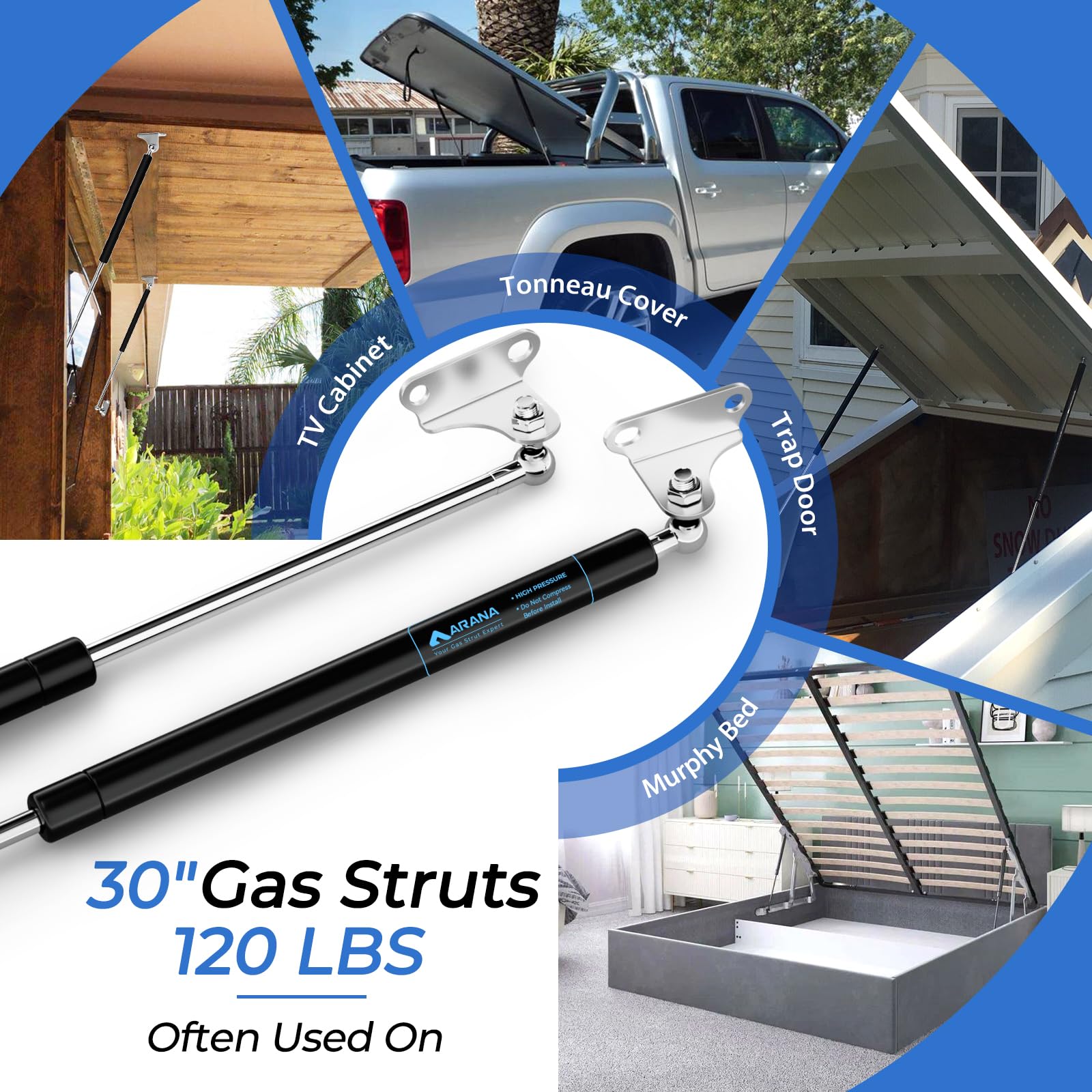 Arana 30 Inch 120 Lb Gas Prop Struts Shocks With L Mounting Brackets, 2 Pcs 30'' 120 Pound Lift-Support Gas Springs For Heavy Du