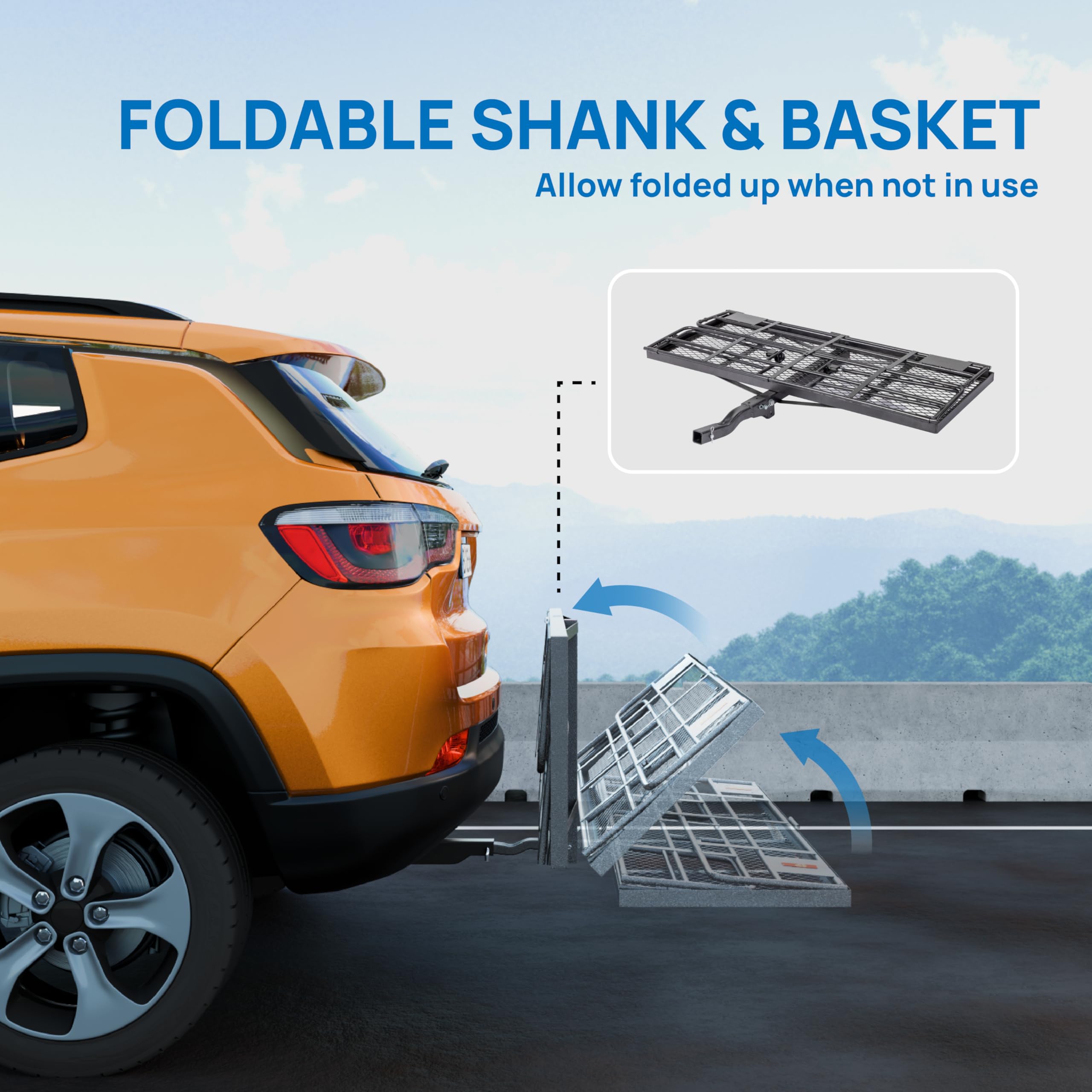 TUFFIOM Folding Hitch Mount Cargo Carrier - 60"x24"x14", 500lbs Capacity, Dark Grey Steel Luggage Rack with Straps & Stabilizer, Model: Hitchcarrier-64