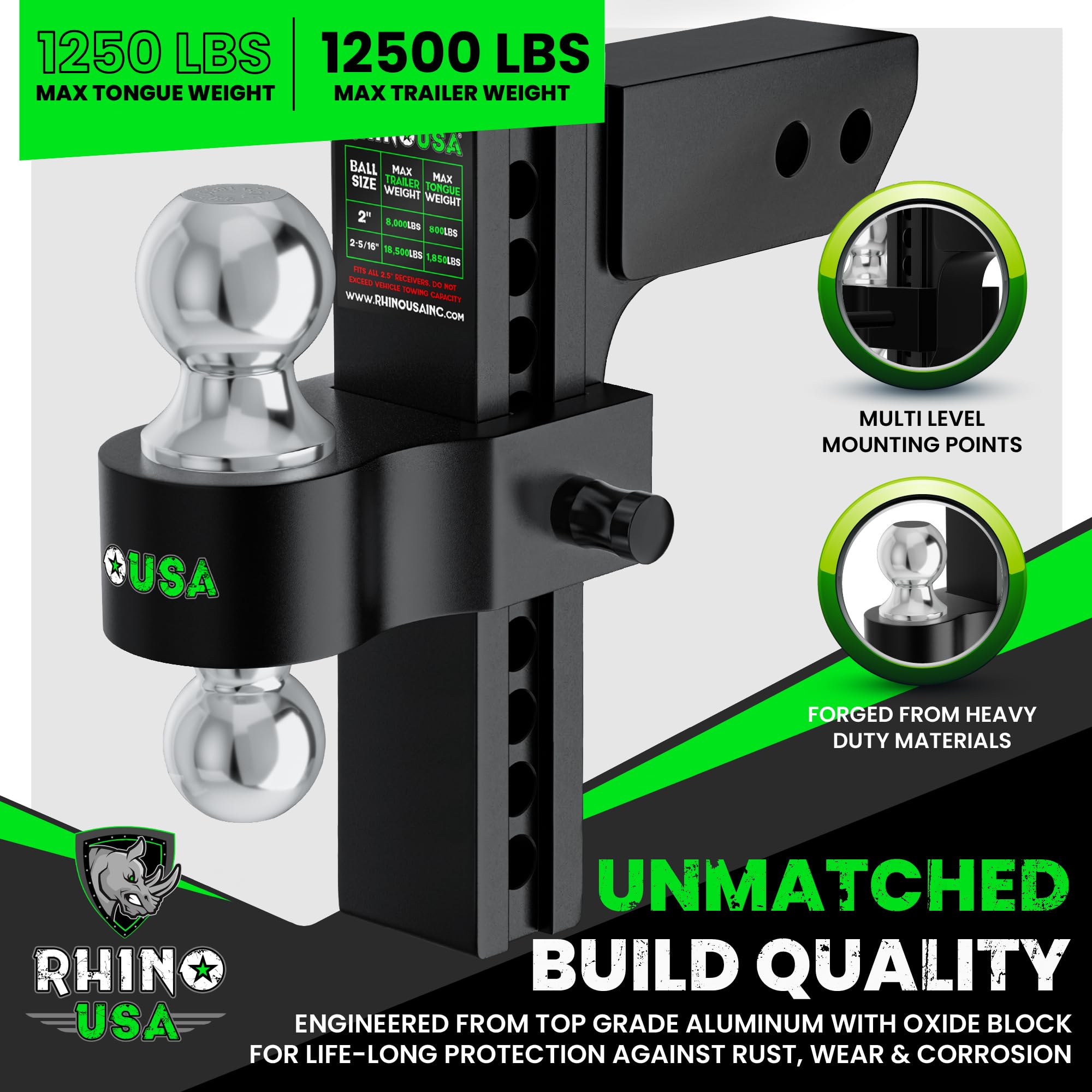 Rhino USA Adjustable Trailer Hitch - Heavy Duty Aluminum, 10-Inch Drop/Rise, 2-Inch Receiver, 12,500 LBS GTW, Black, Model RG-HTDROP