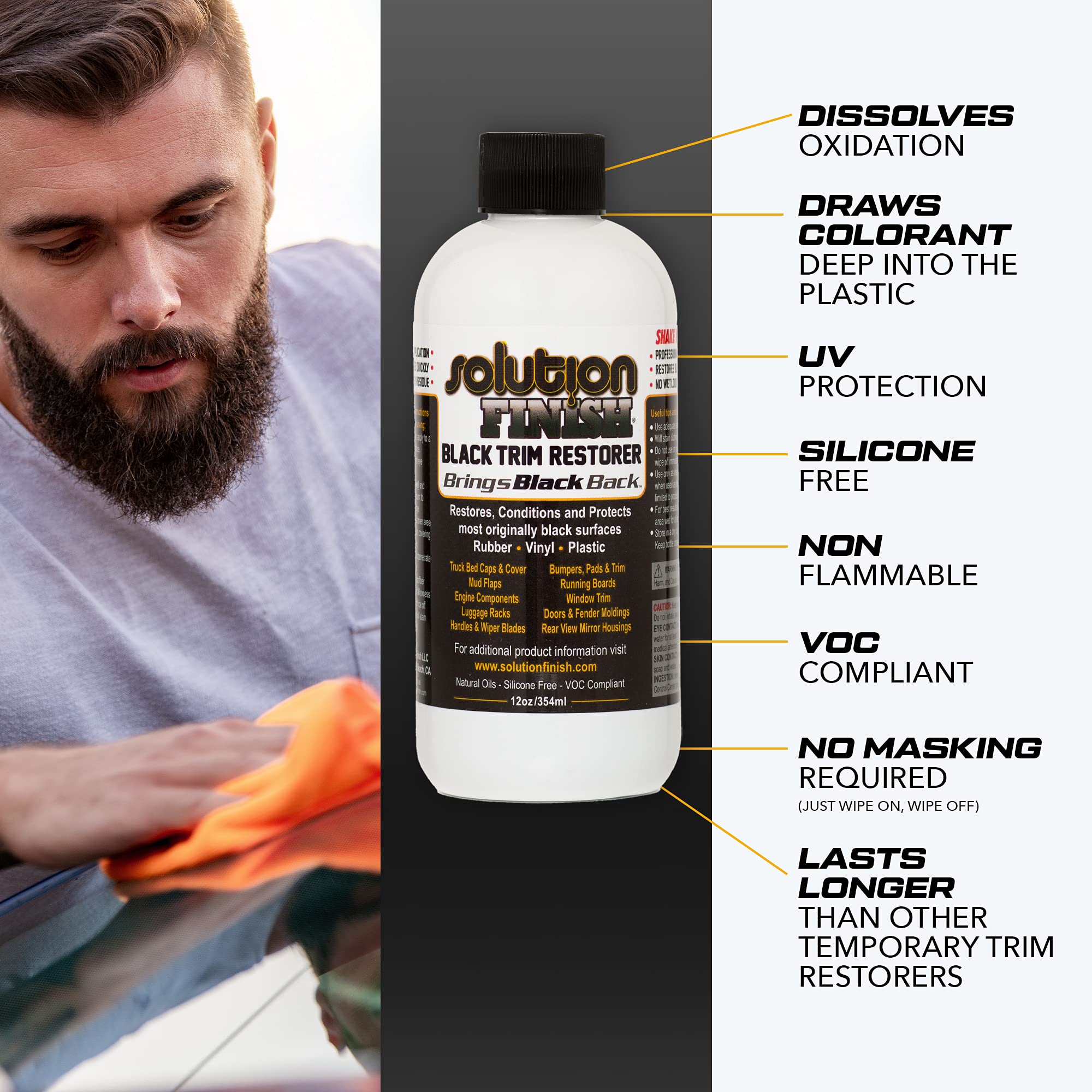 Solution Finish Black Plastic & Vinyl Trim Restorer, 12 Fl Oz - Revives Color for Cars & Trucks, Model SF-BBB12