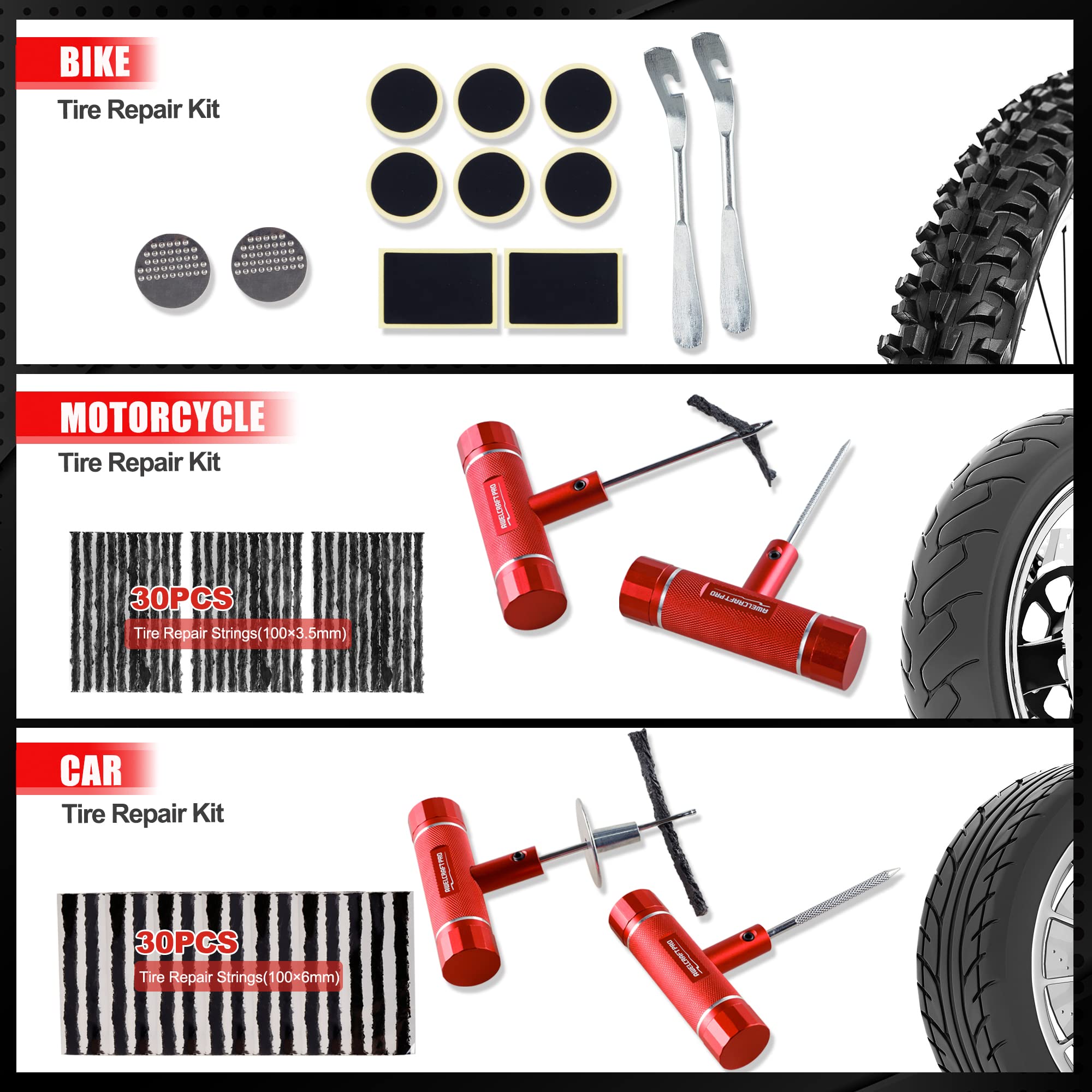 AWELCRAFT Heavy Duty Tire Repair Tools Kit - 108 PCS Aluminum Alloy Set for Truck, Car, Motorcycle, ATV, Jeep, Tractor