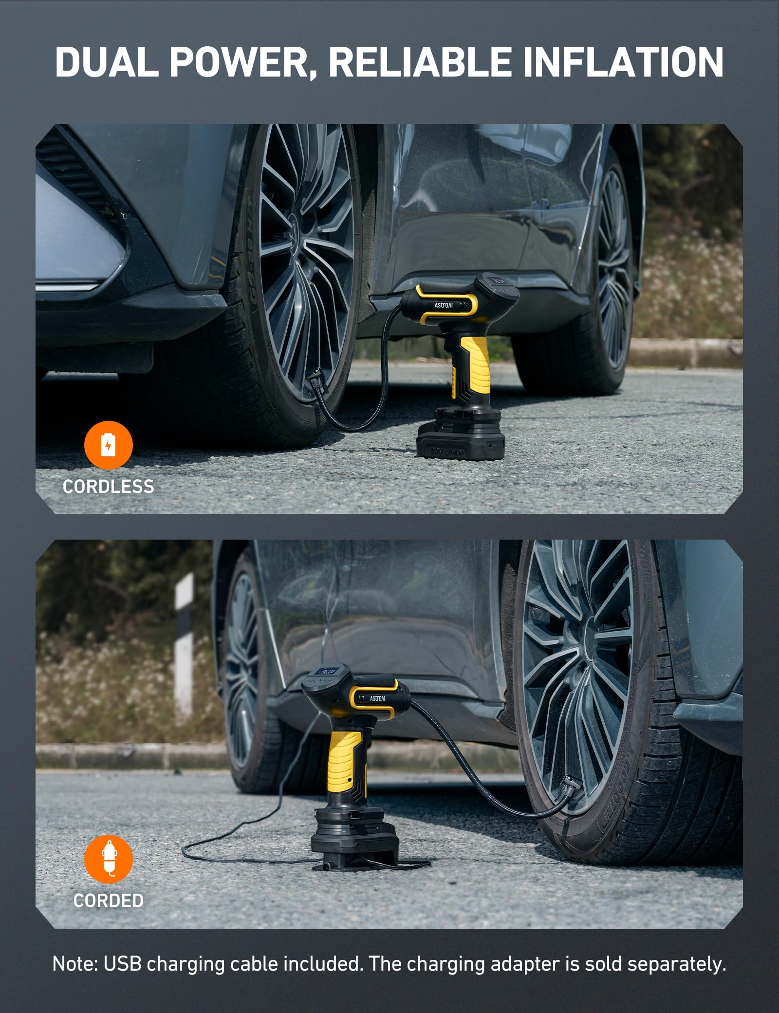Astroai Tire Inflator Air Compressor Cordless Car Tire Pump With 20V Rechargeable Li-Ion Battery 150 Psi Portable Handheld Air Pump With 12 V Car Power Adapter For Cars Motorcycles Ls40791(C1) Yellow