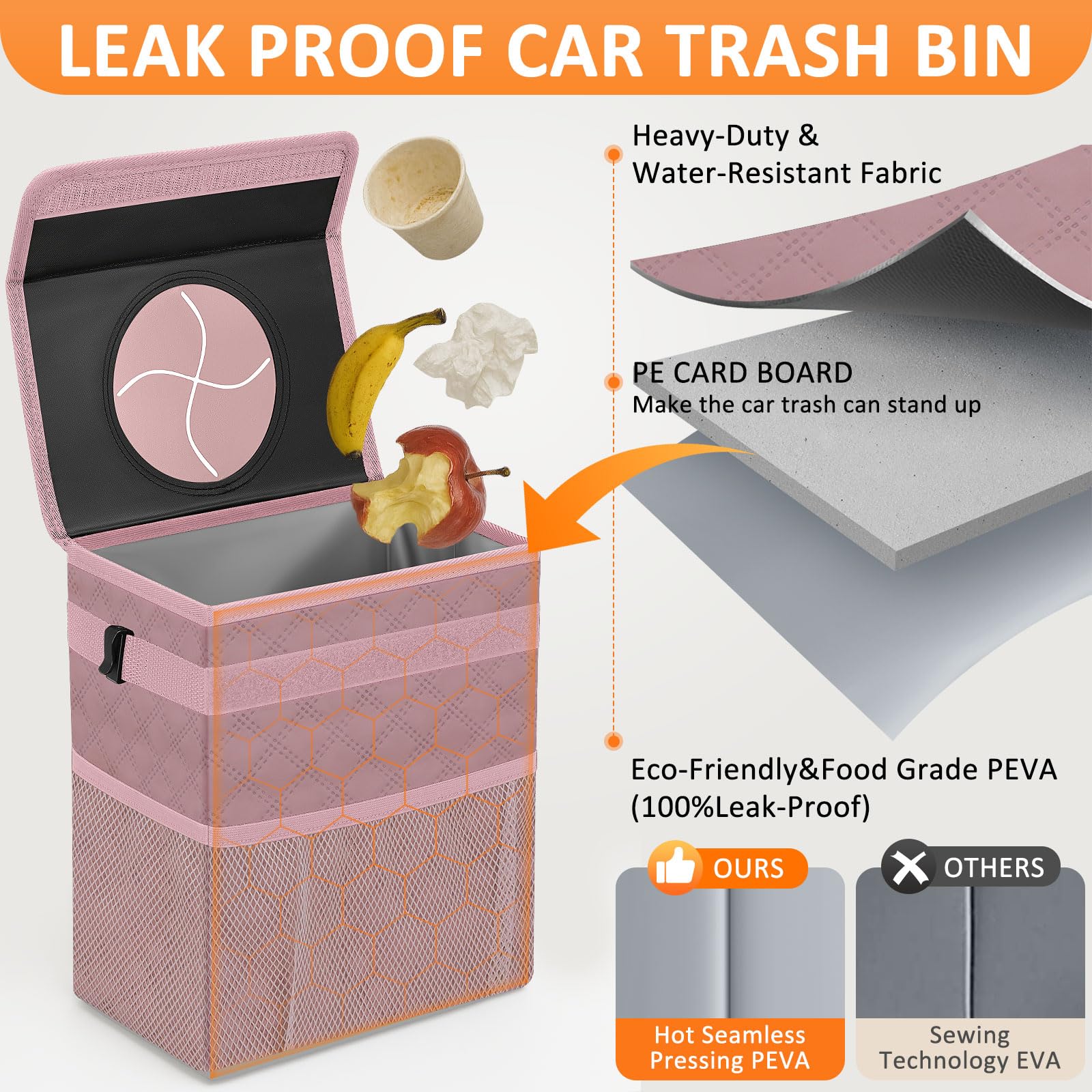 Vankor Car Trash Can - Waterproof 2.2 Gallons Polyester Bin, Quilted-Pink, Model 220402-16, Leak Proof Automotive Garbage Can