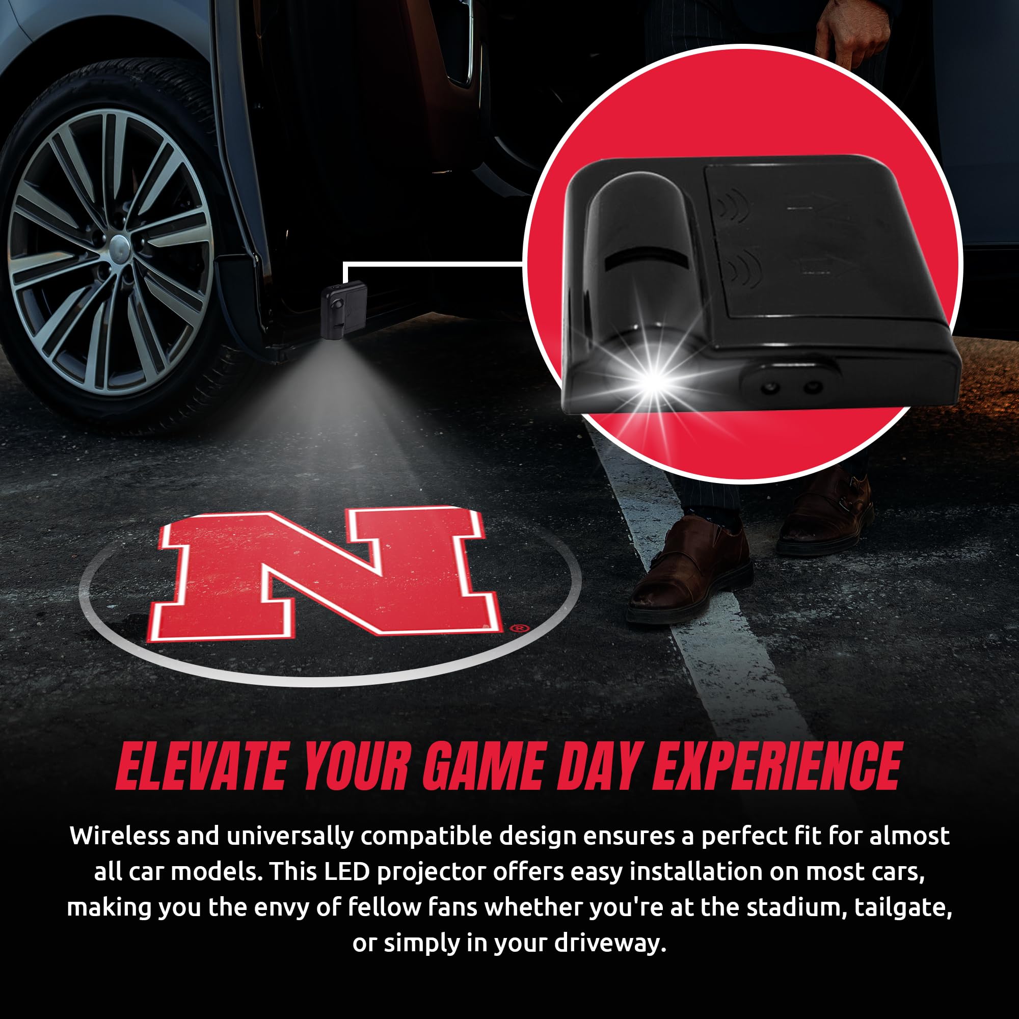 Sporticulture LED Car Door Light - NCAA Nebraska Wireless Projector, Battery Operated, Universal Fit