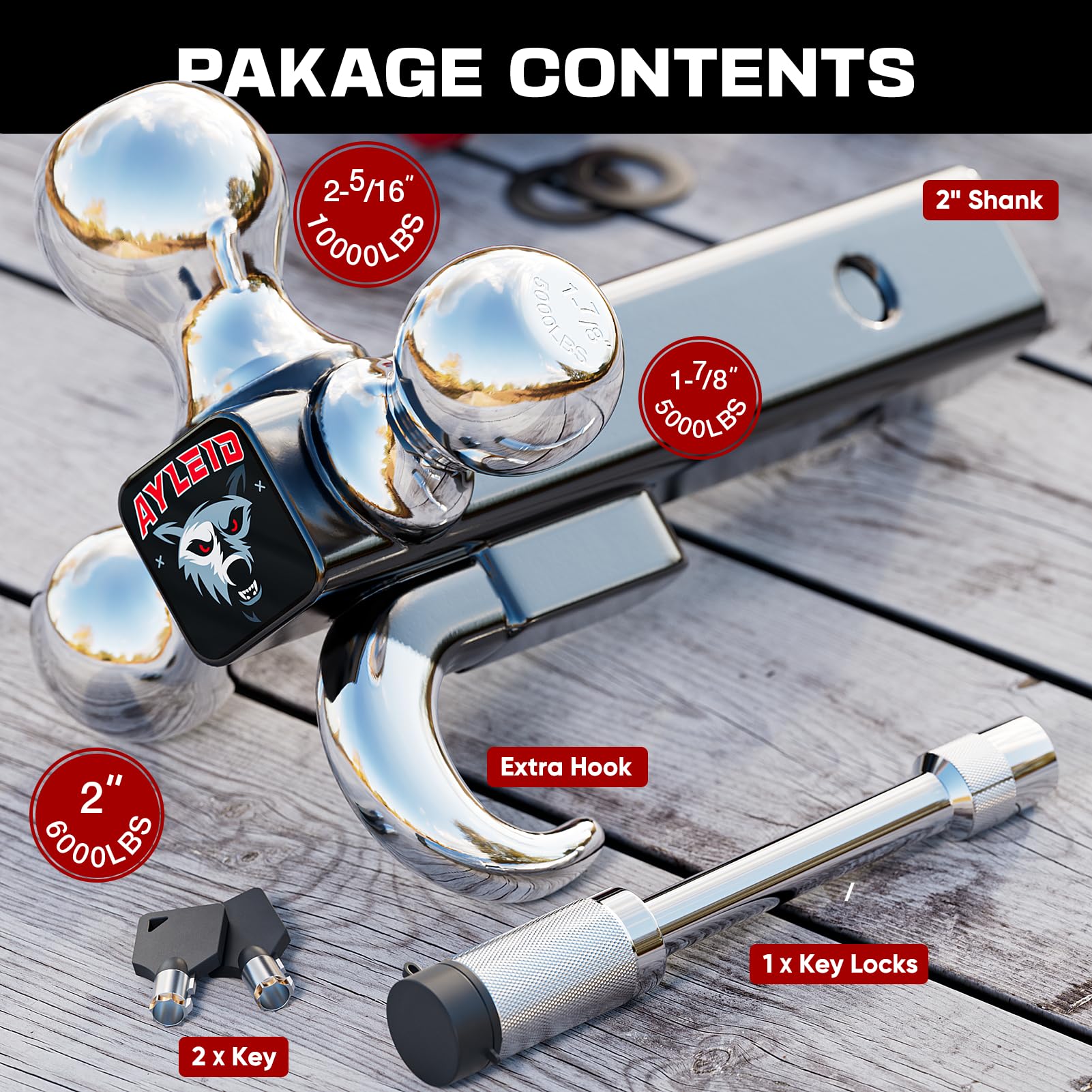 Ayleid Tri-Ball Hitch Mount with Locking Pin - 1-7/8", 2", 2-5/16" - Silver Model AY4-JP40-L