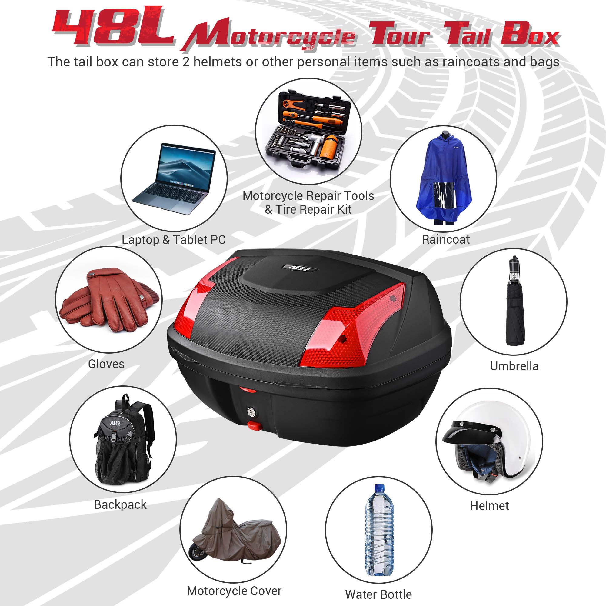 Yescom 48L Motorcycle Top Case Trunk - Black Polypropylene Storage Box Model 33MTB002-Y48L-06