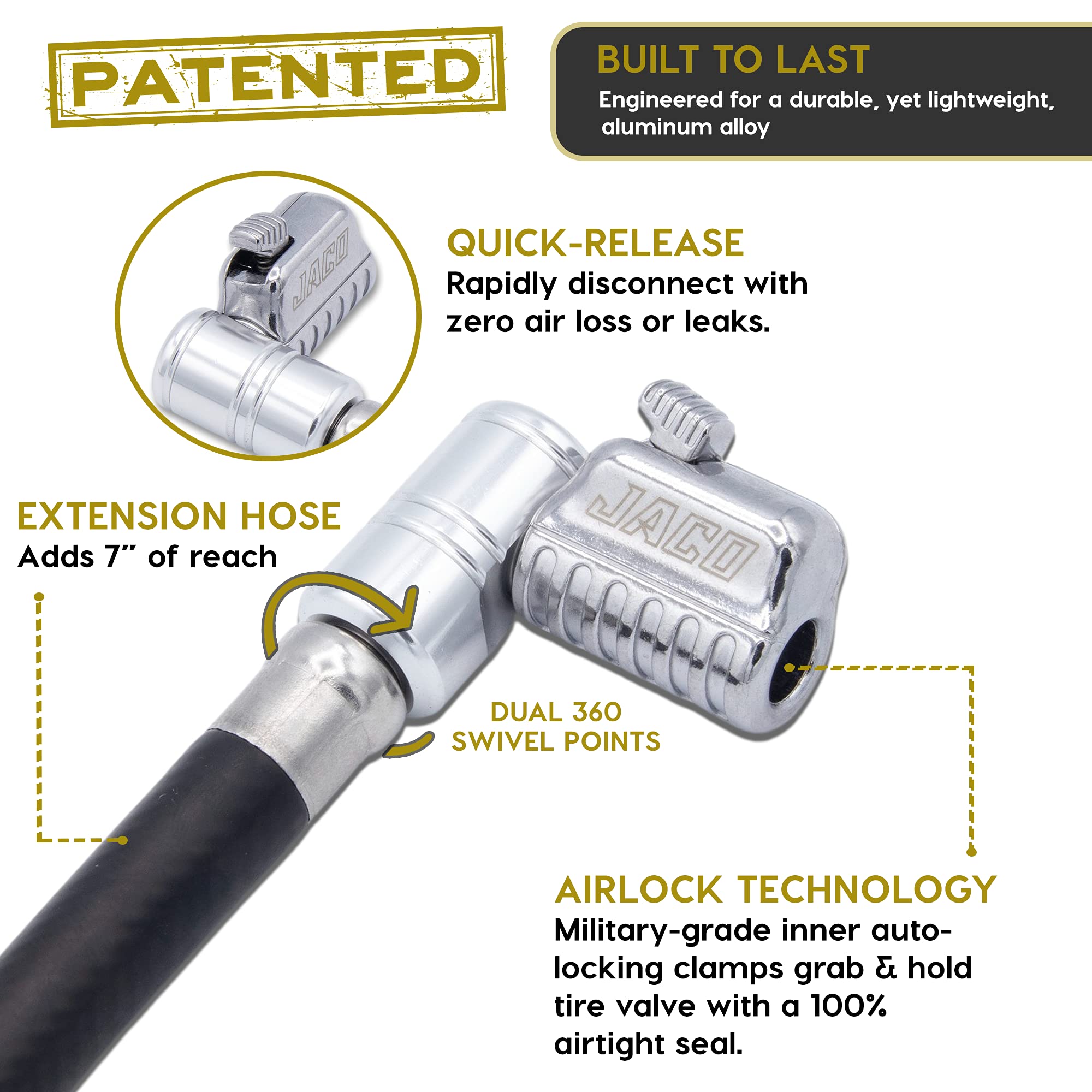 JACO L2X Tire Inflator Hose Extension - Patented Lock-on Air Adapter, Silver, Aluminum