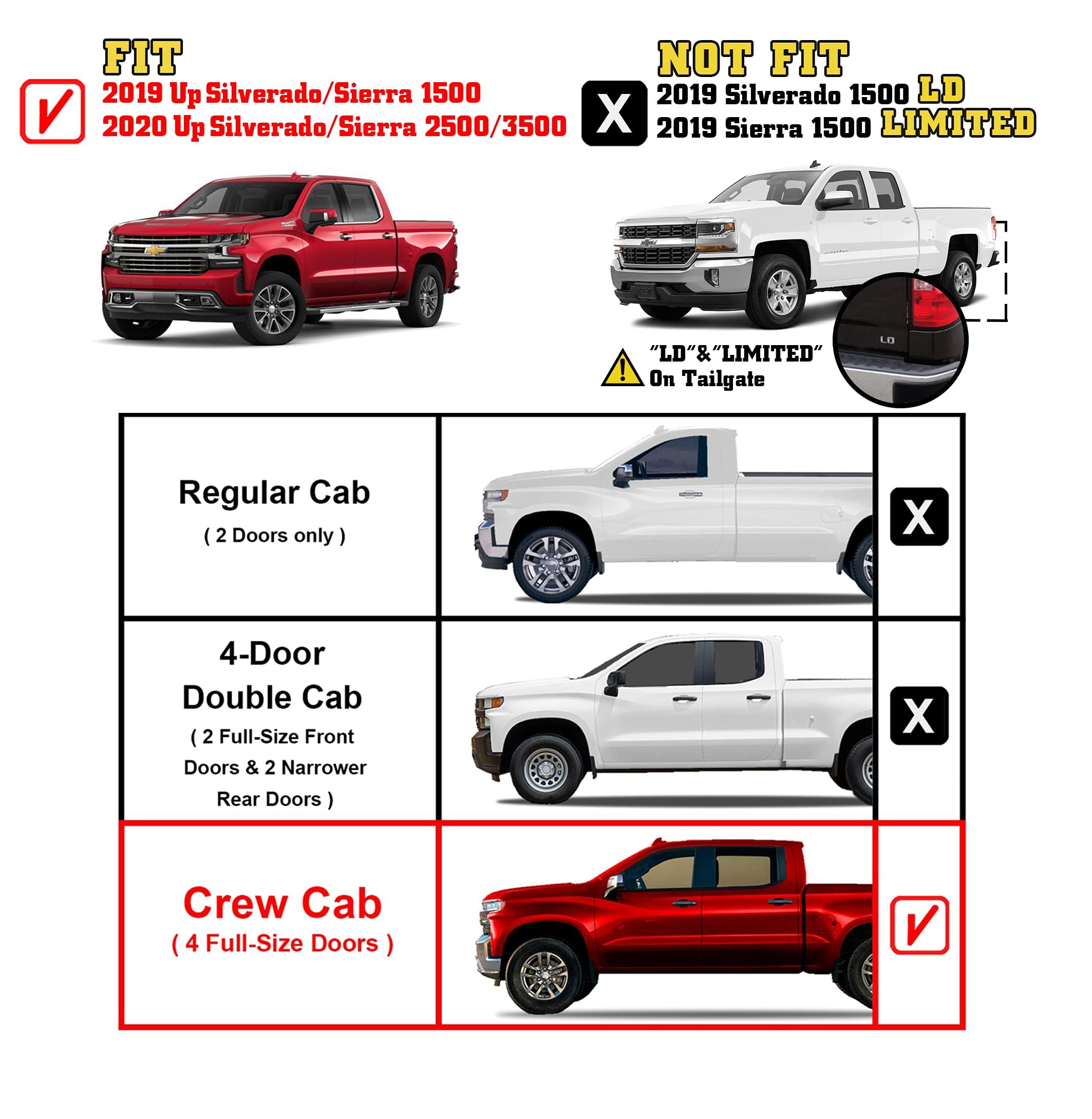 Tac Side Steps Running Boards Fit 2019-2024 Chevy Silverado/Gmc Sierra 1500 | 2020-2024 Silverado/Sierra 2500 3500 Crew Cab Truck Pickup 3' Texture Black Side Bars Nerf Bars Off Road 2Pcs