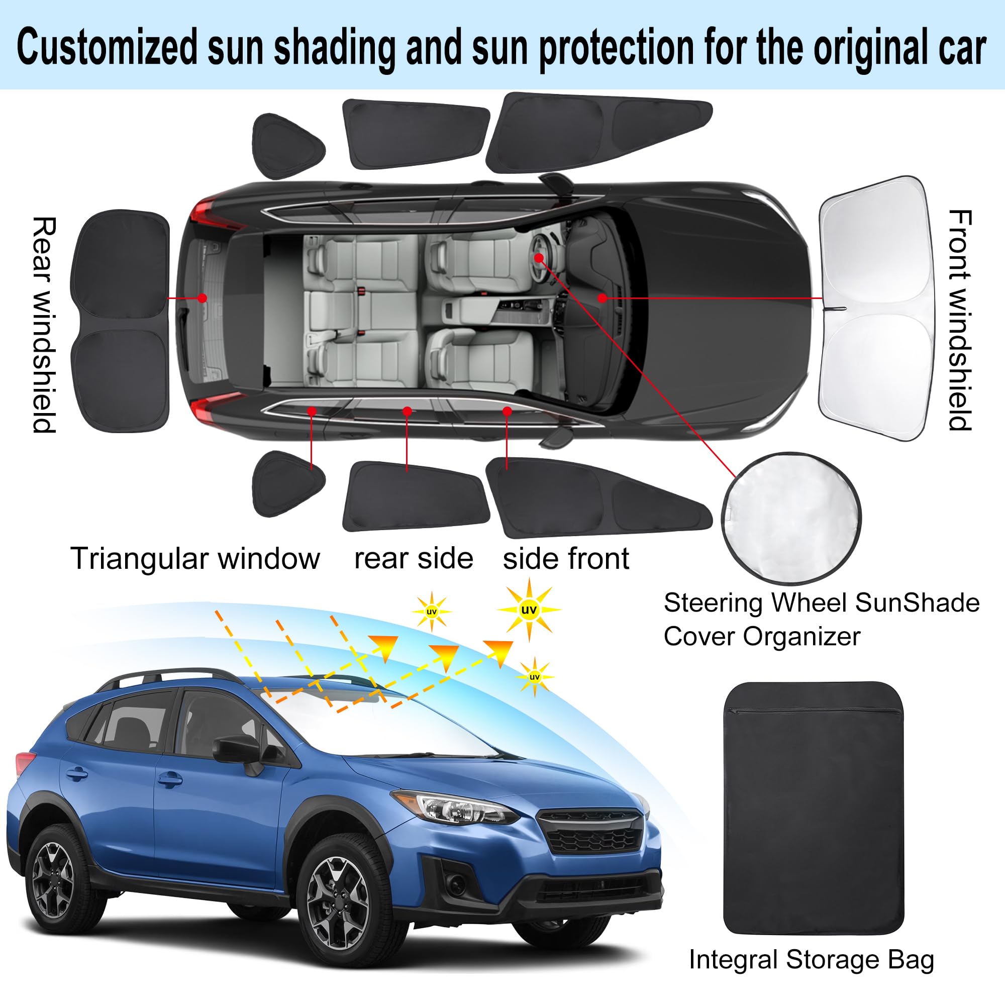 TINGLU Window Shades for Subaru Crosstrek 2018-2023, Black Polyester, UV Protection & Privacy, 8PCS Set