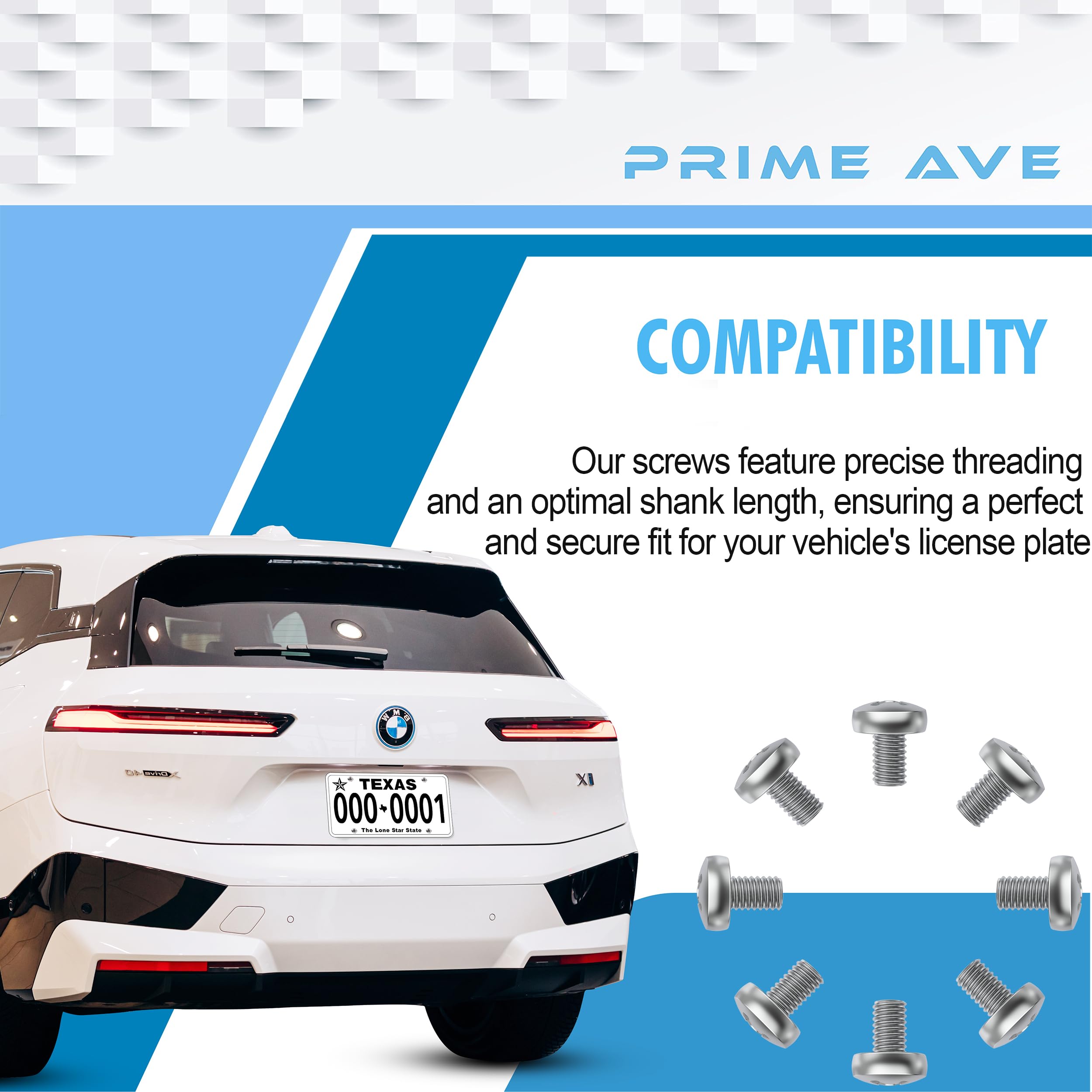 Prime Ave Stainless Steel License Plate Screws For License Plates, Frames, Covers - Front/Rear Rust Proof Car Tag Screws - Licence Plate Screw Set Compatible With Bmw (Pack Of 8)