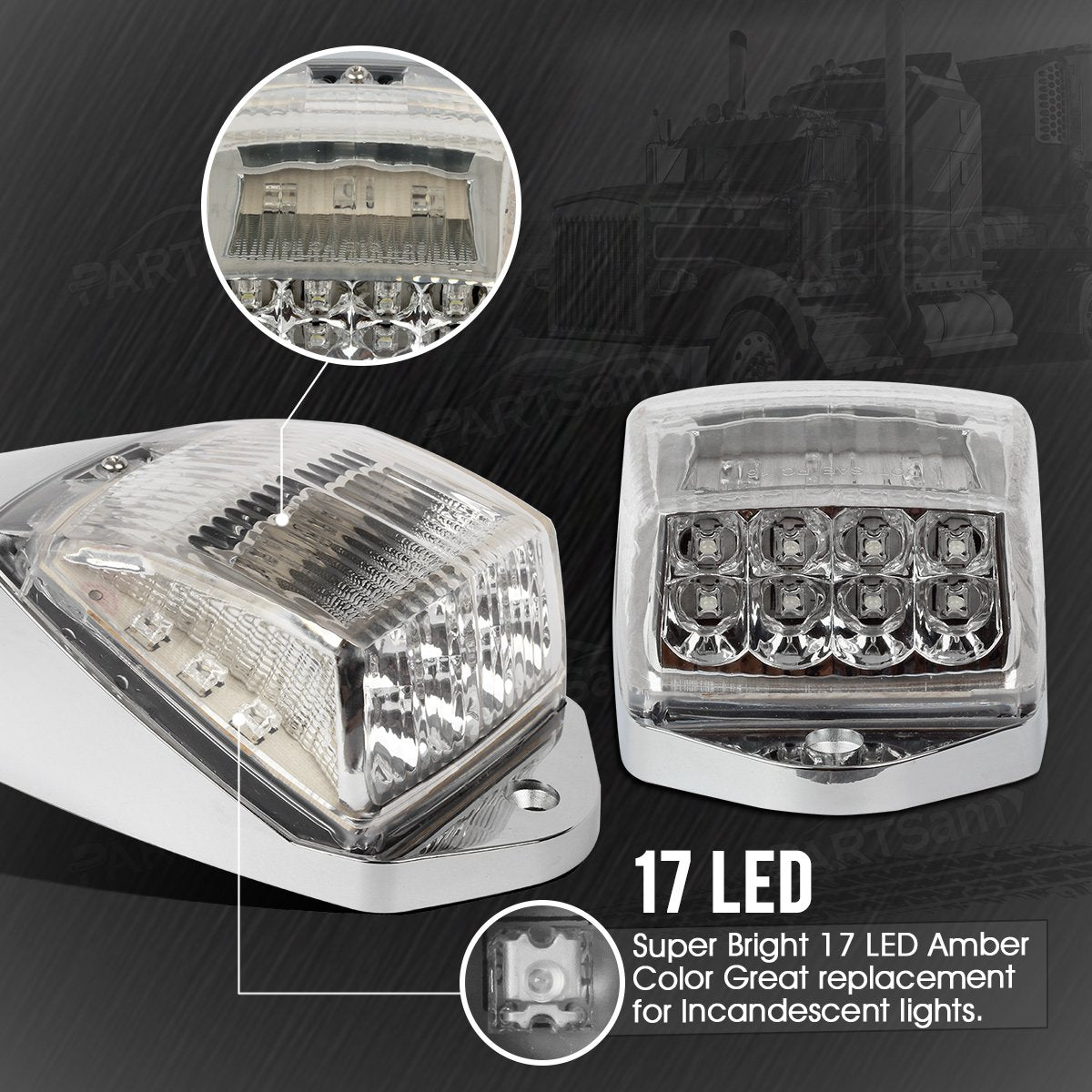 Partsam Truck Cab Lights 5Pcs Clear/Amber Top Roof Running Led Marker Lights Waterproof 17 Led W/Chrome Base Compatible With Pet